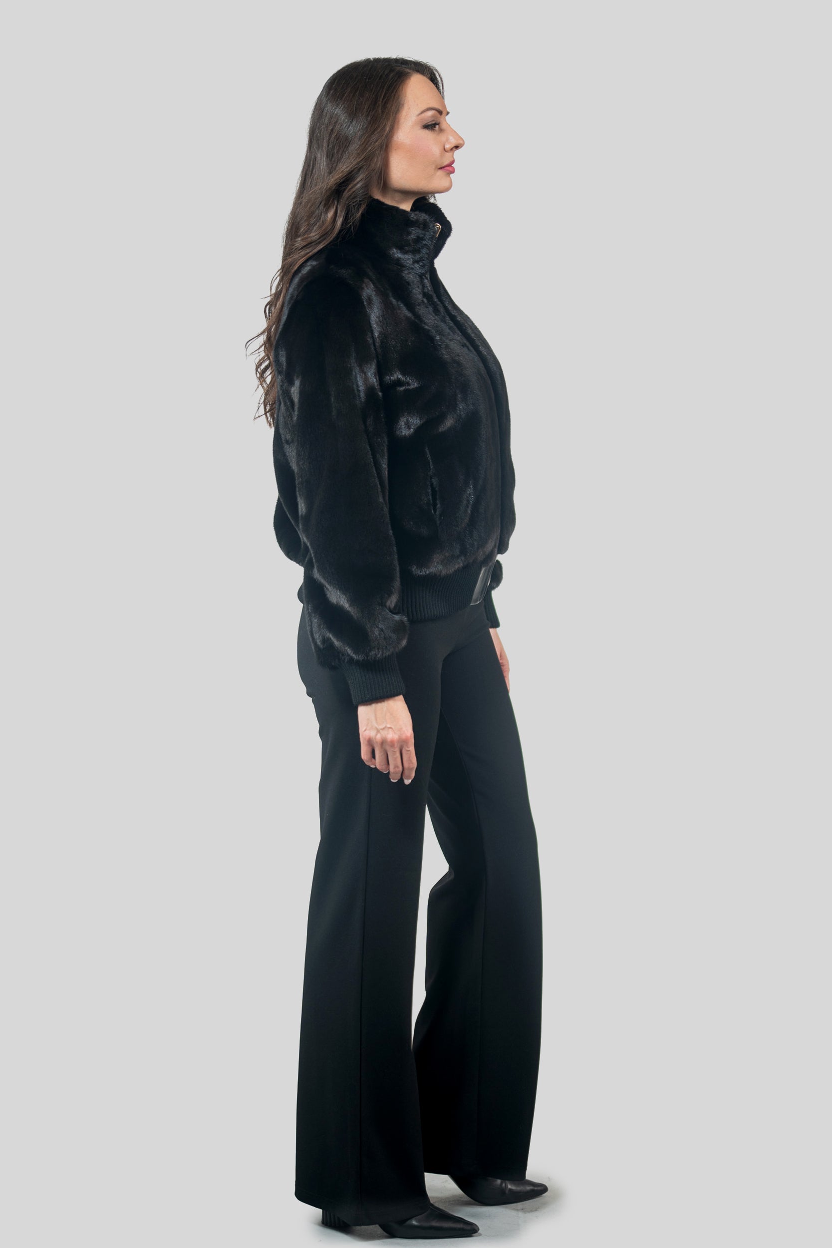 Black Mink Bomber Jacket with Stand Collar
