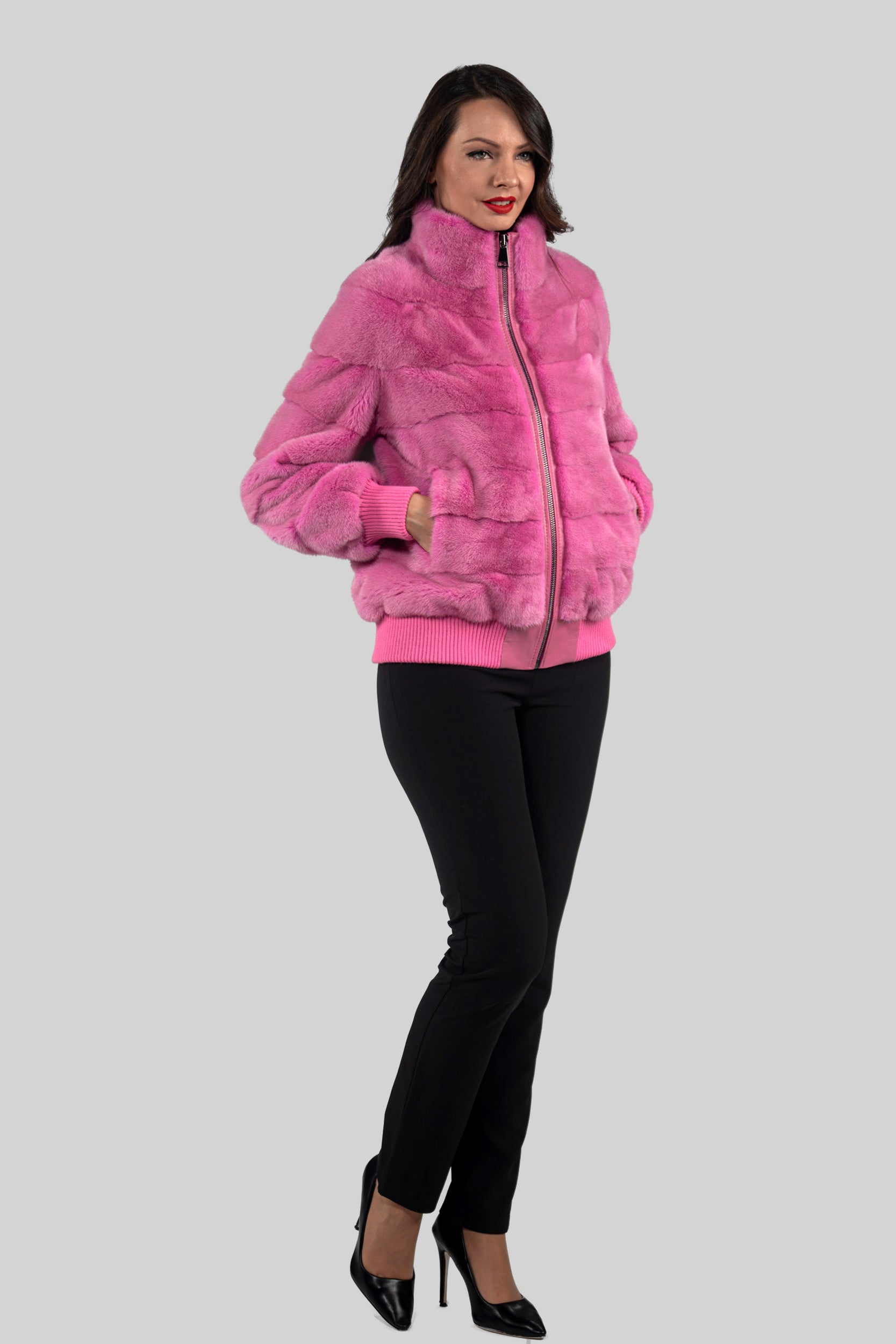 Fuchsia Mink Bomber Jacket with Stand Collar