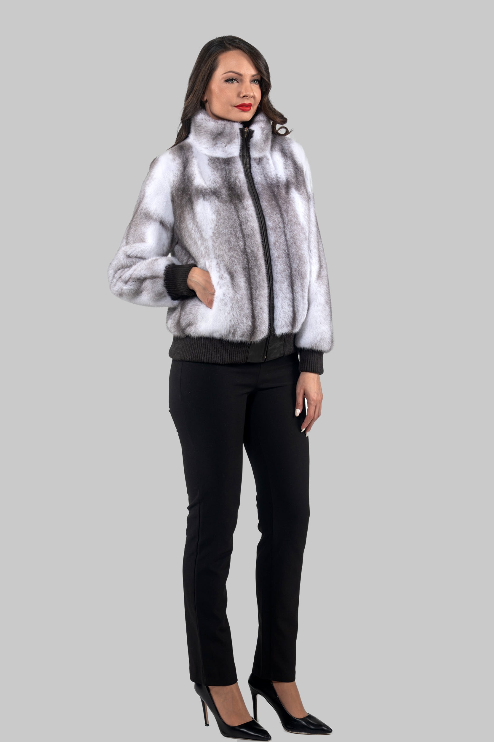 Silver Cross Mink Bomber Jacket with Stand Collar
