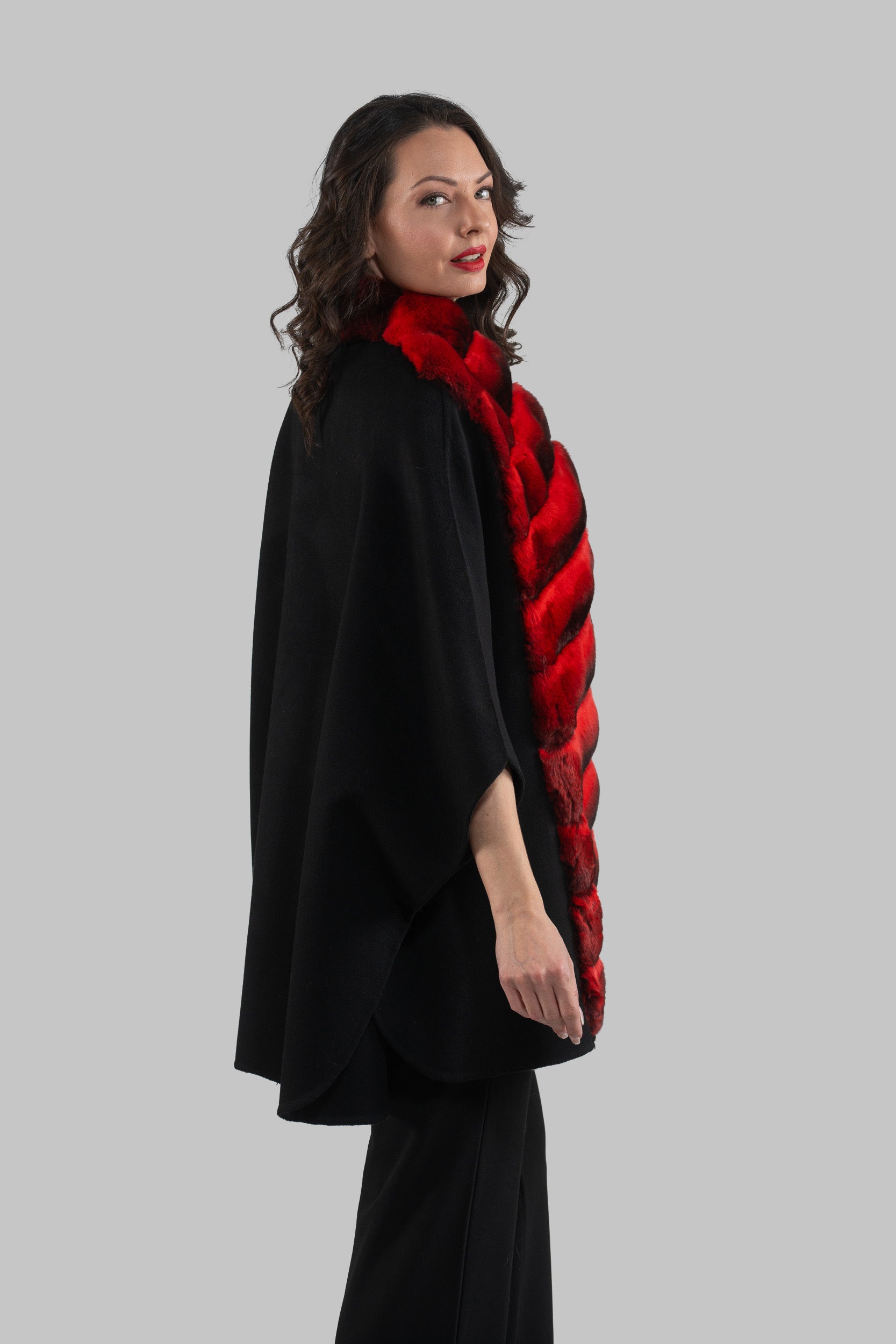Black Cashmere Cape with Red Chinchilla Trim