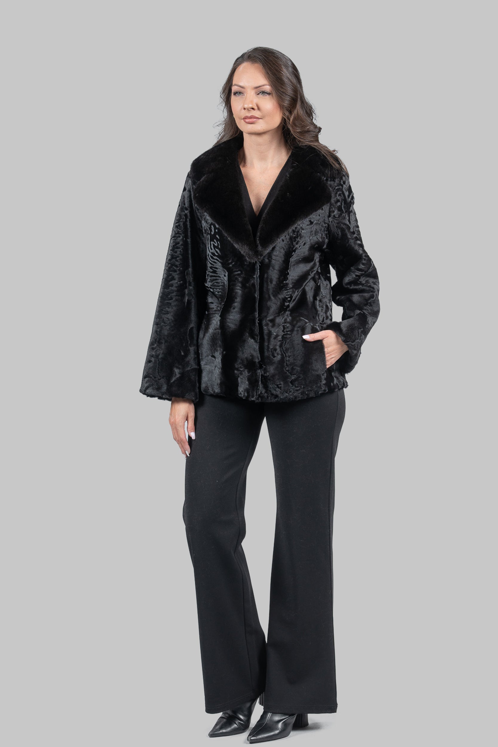 Black Swakara Jacket with Mink-Trimmed Notch Collar