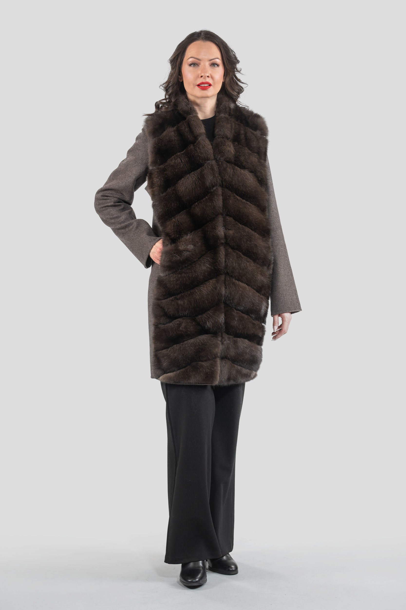 Brown Grey Cashmere Half Coat & Vest with Russian Sable Trim
