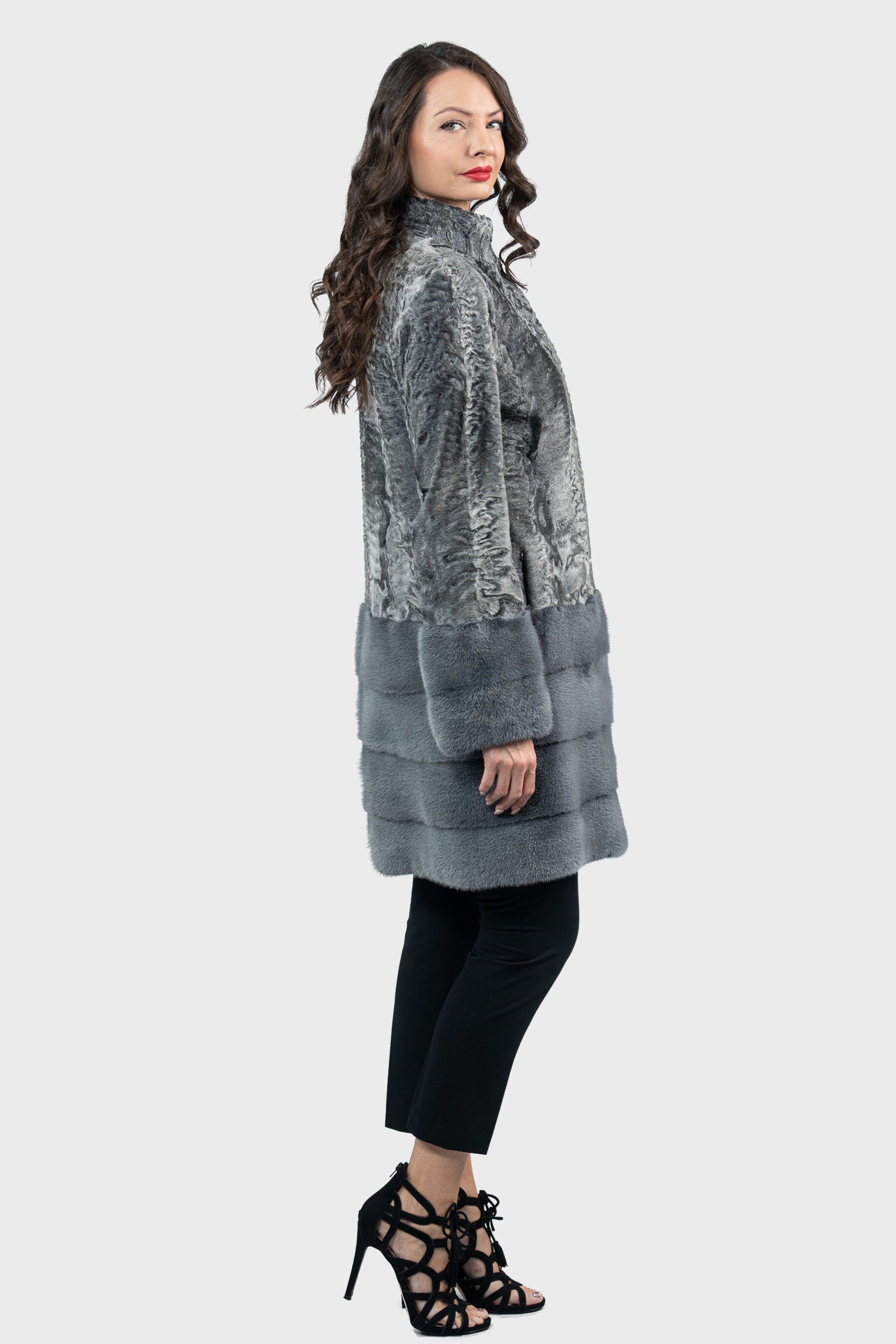 Gray Swakara Half Coat with Mink Trimmed Hem