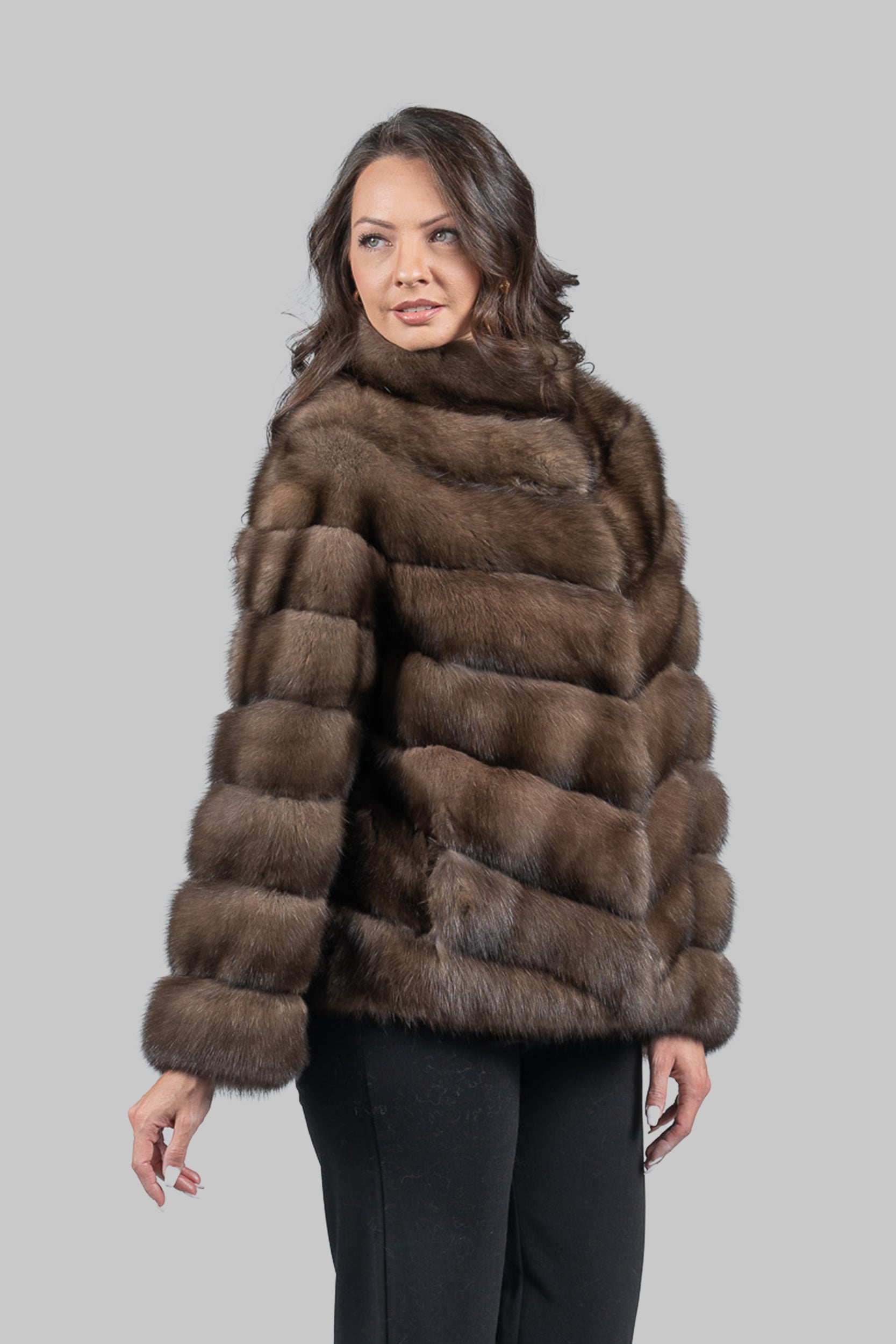 Graphite Russian Sable Chevron Jacket with Stand Collar