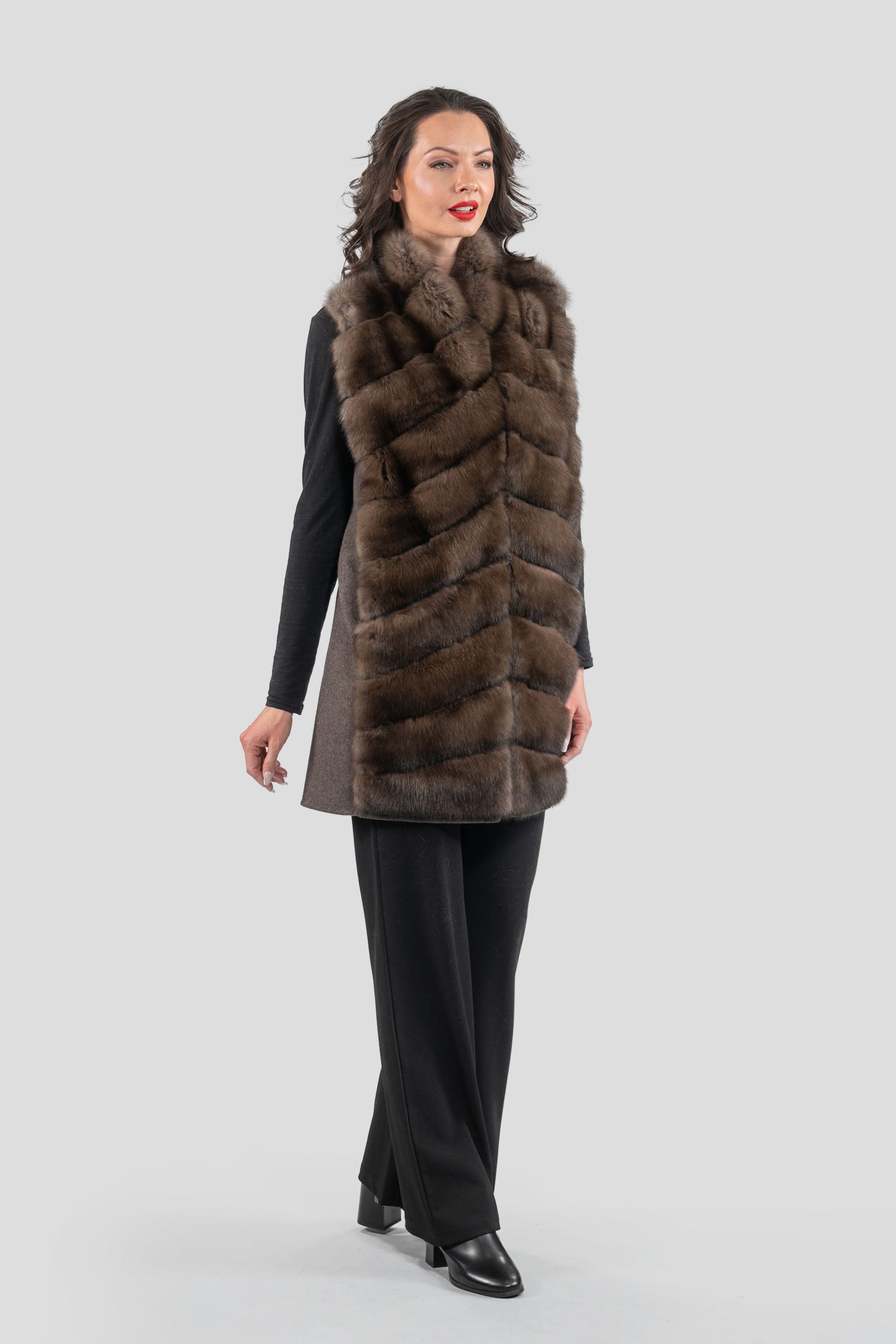 Brown Cashmere Vest with Russian Sable Trim