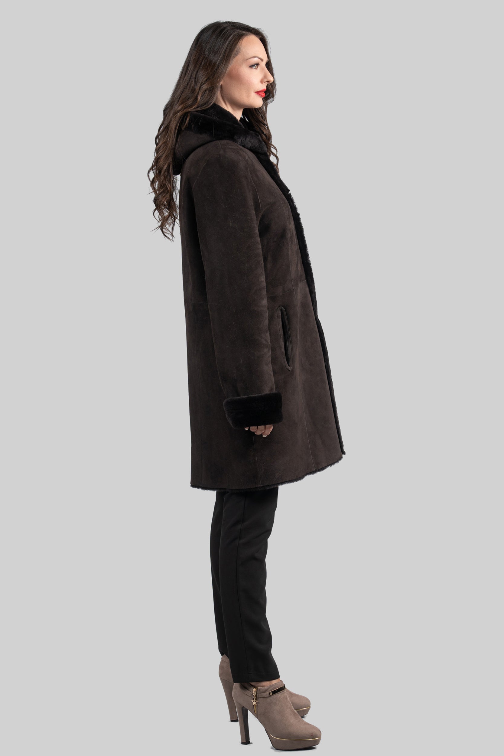 Hooded Brown Half Coat In Spanish Merino