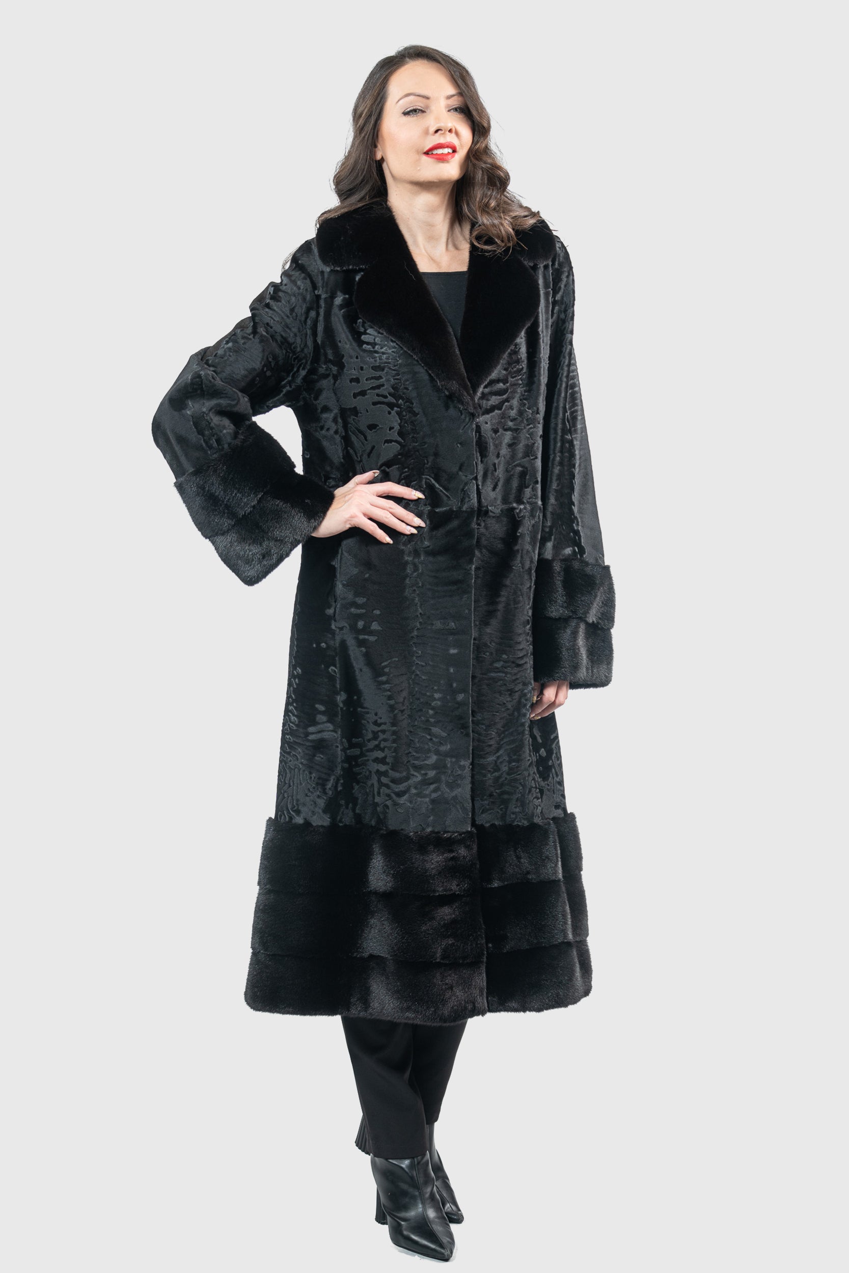 Black Swakara Coat with Mink Trim