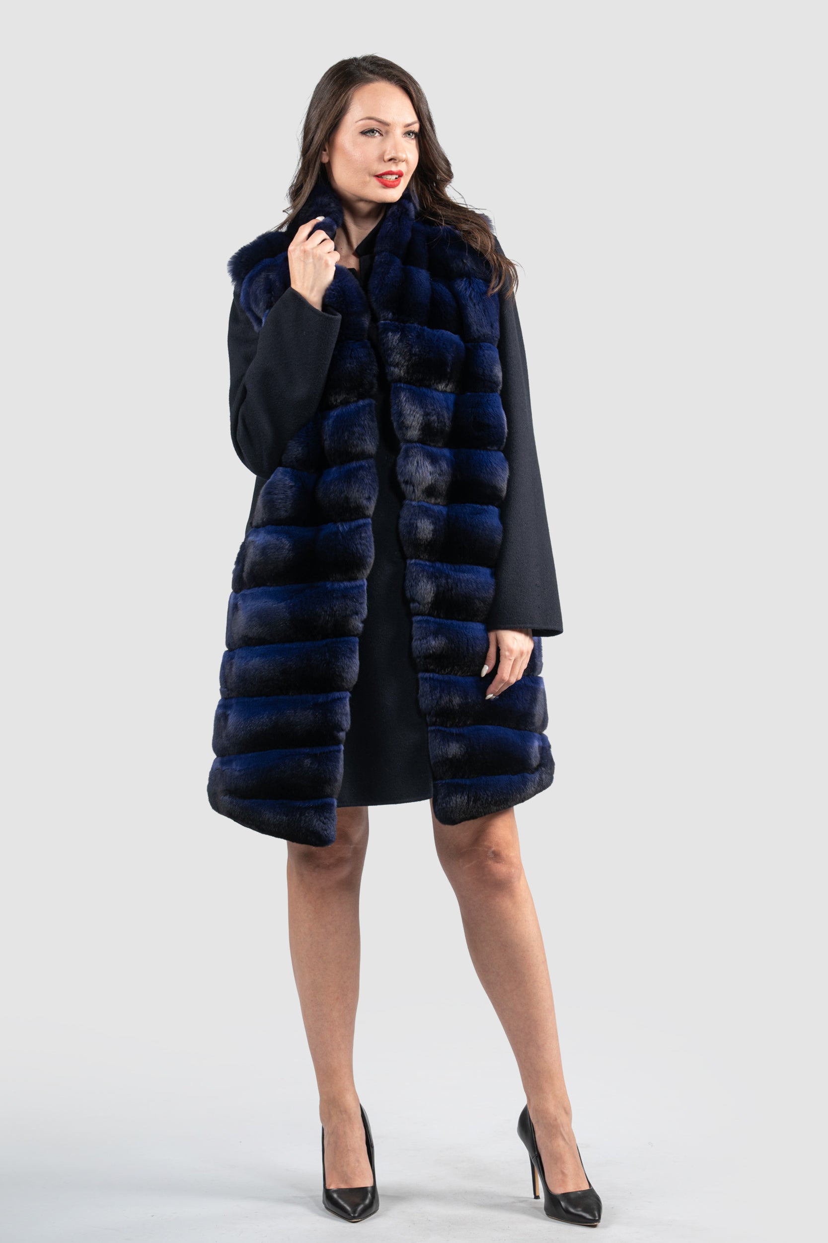 Blue Black Cashmere Half Coat & Vest with Chinchilla Trim