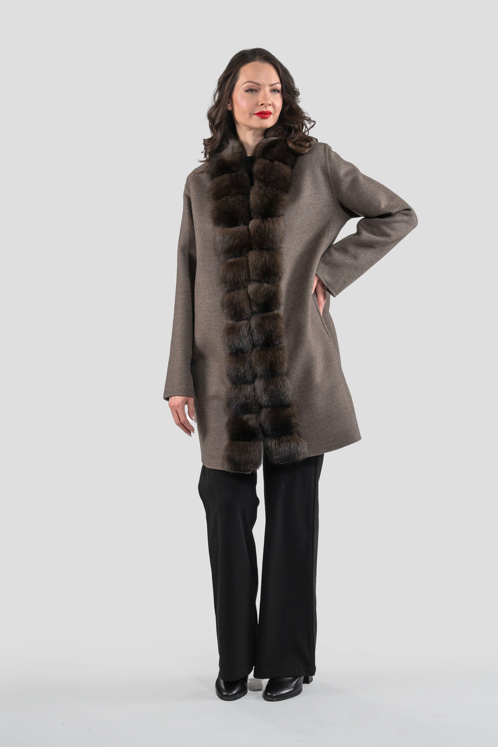 Grey Brown Cashmere Half Coat with Russian Sable Trim