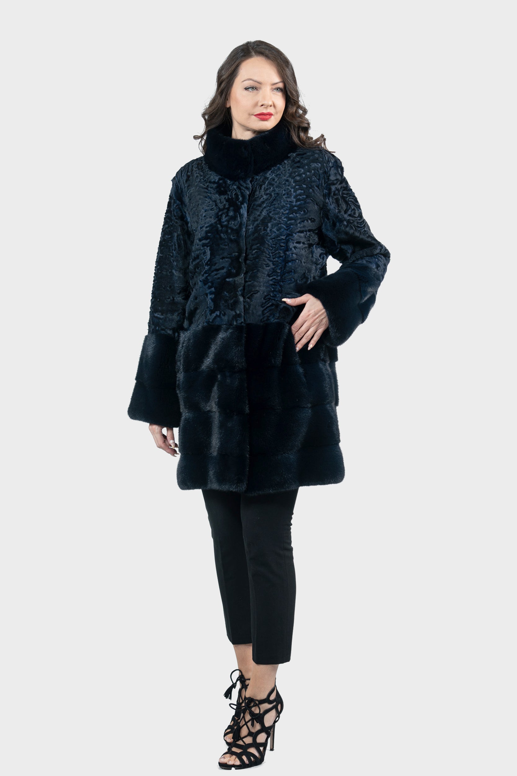 Blue Black Swakara Half Coat with Mink Trim