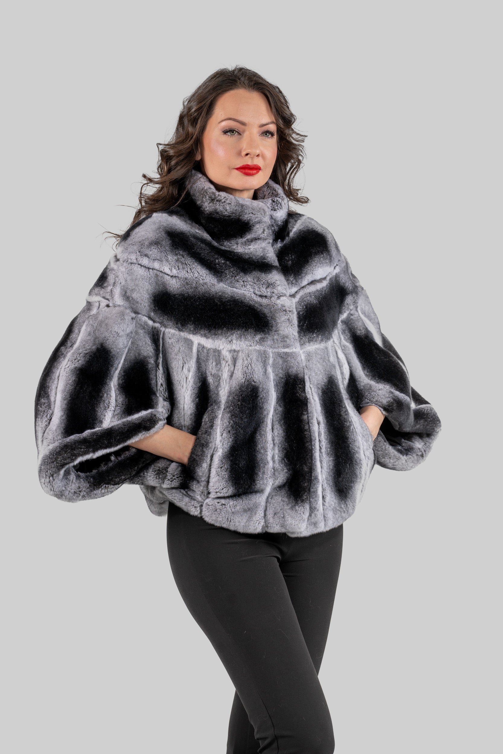 Natural Rex Rabbit Fur Cape with Stand Collar