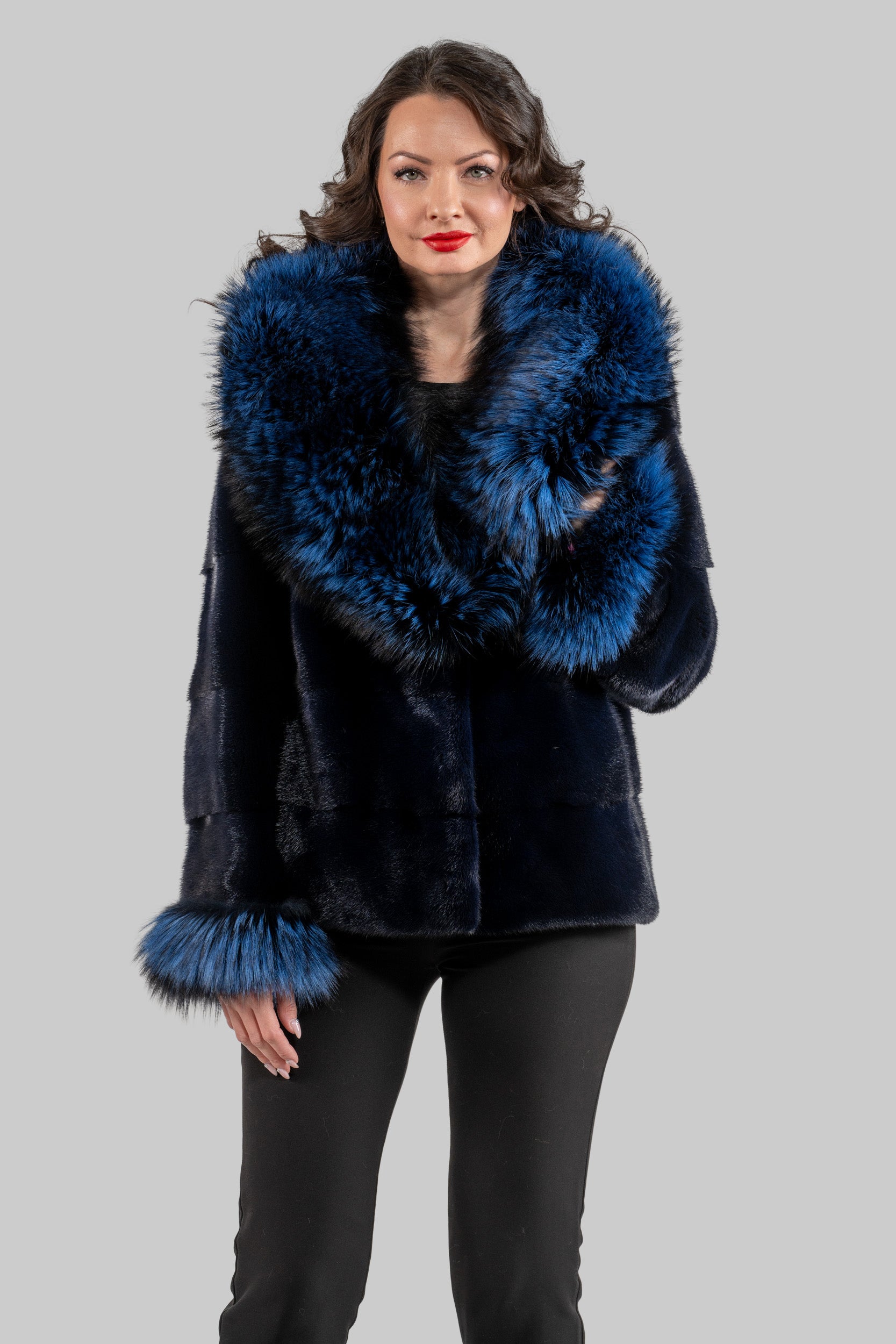 Purple Mink Jacket with Fox Trimmed Shawl Collar