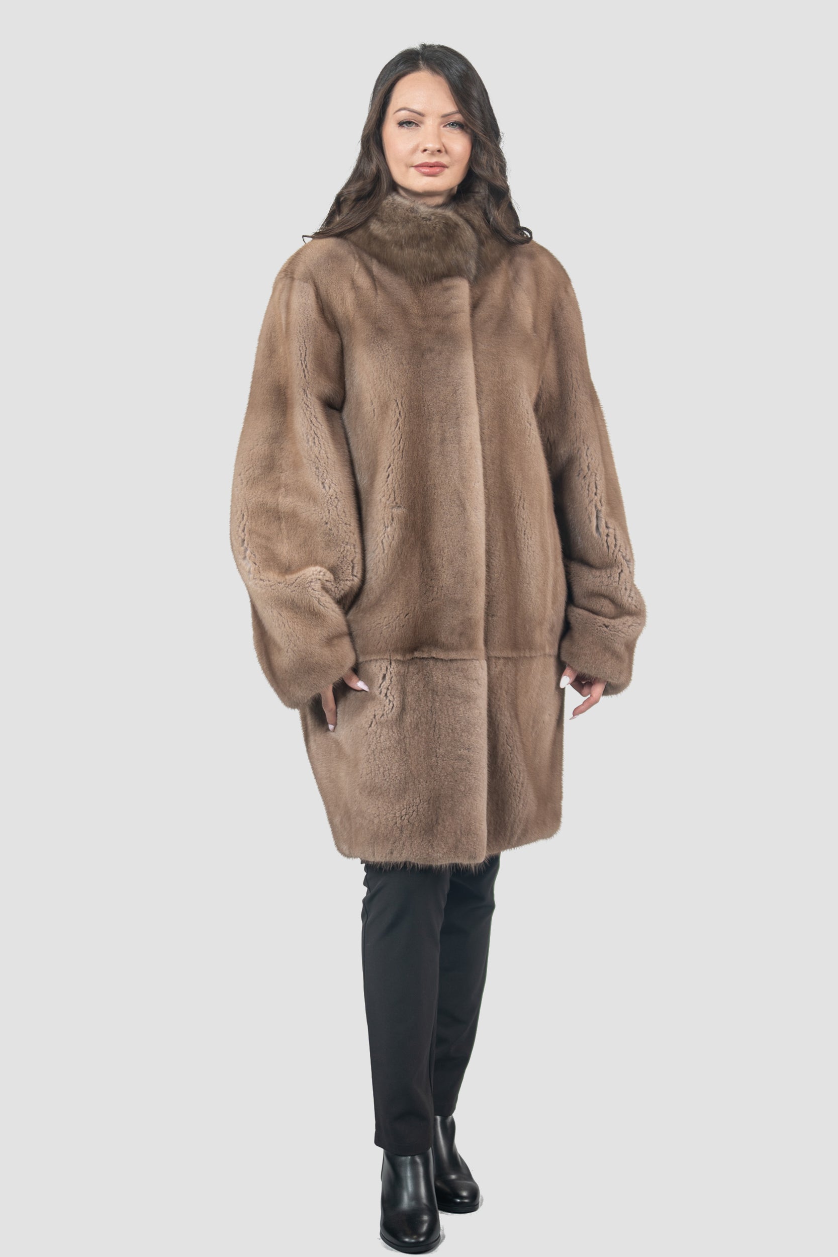 Pastel Mink Half Coat with Russian Sable-Trimmed Stand Collar