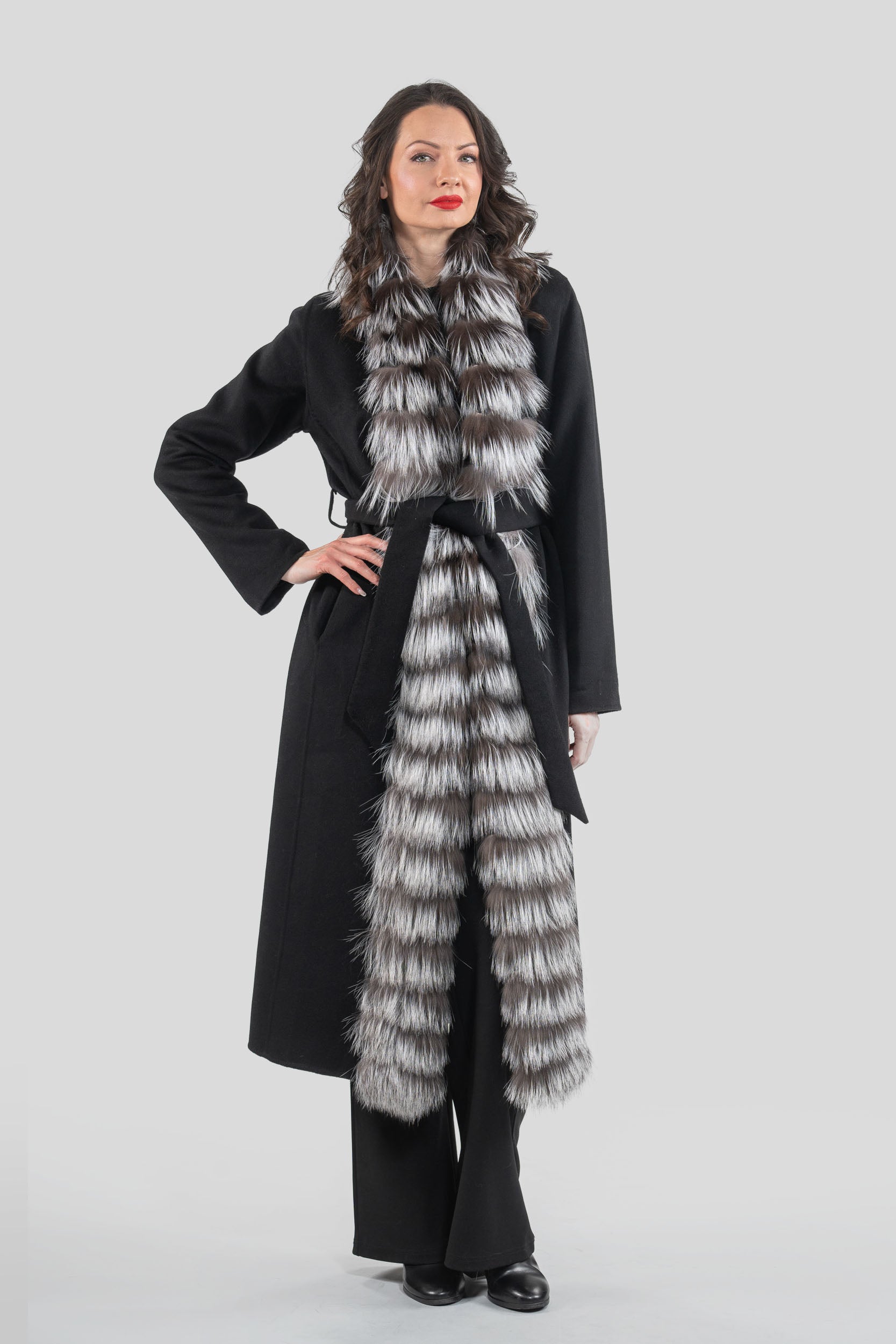 Black Cashmere Coat with Fox Trim