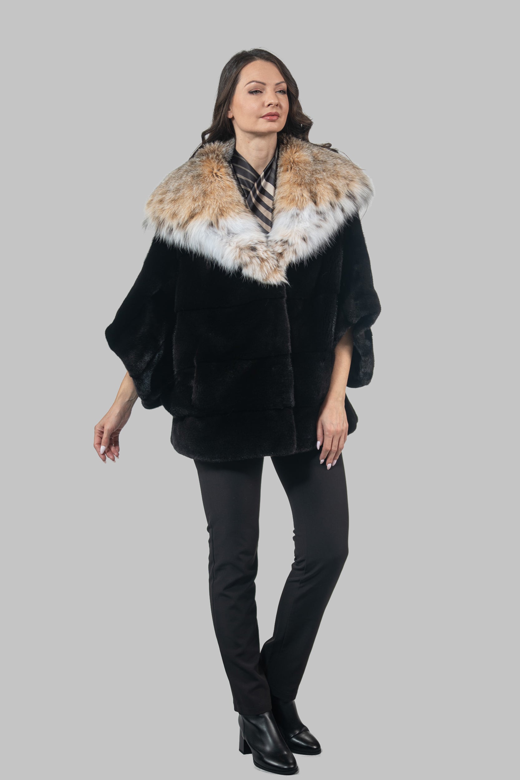 Blackglama Mink Hooded Cape with Bobcat Trim