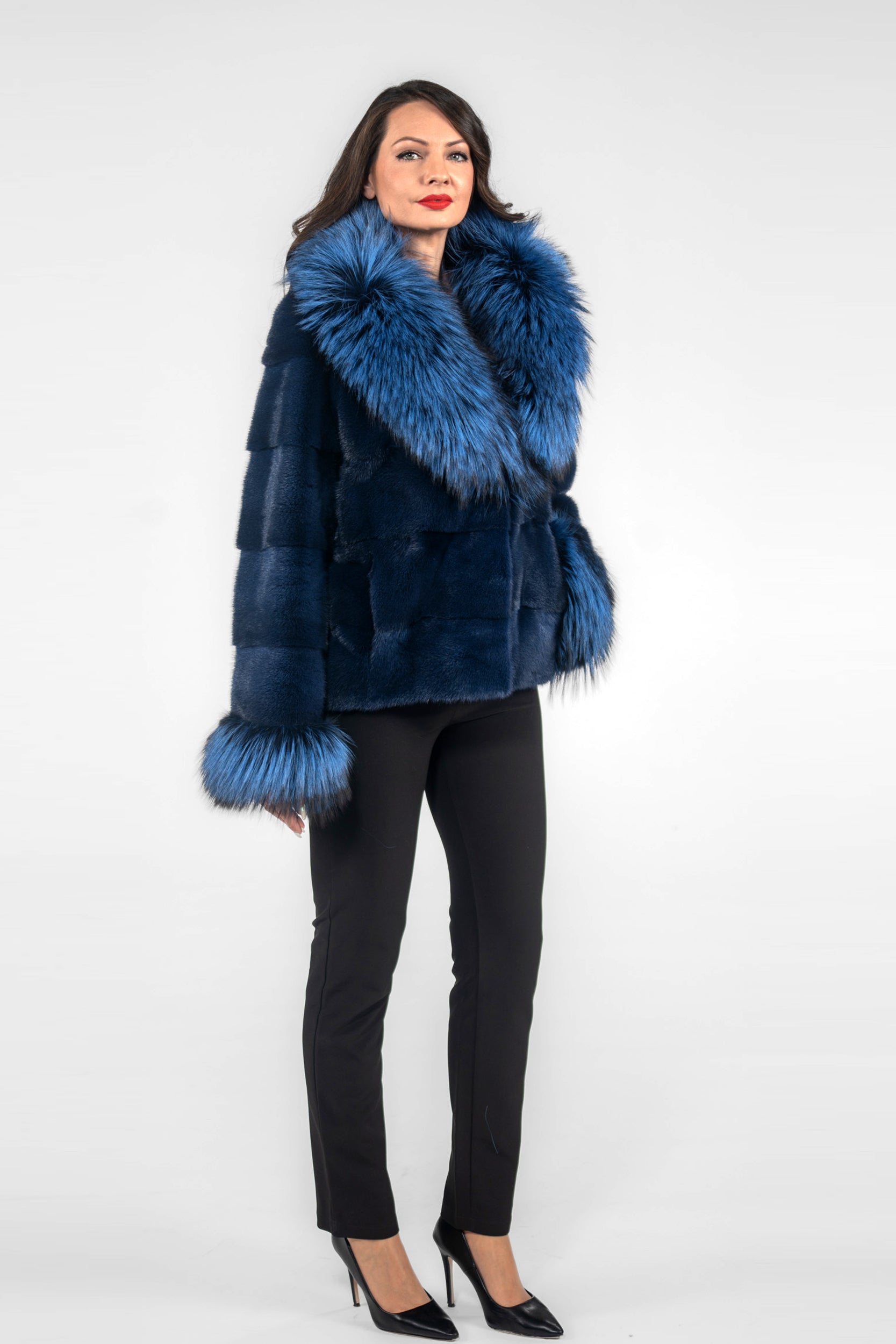 Blue Jean Mink Jacket with Fox Notch Collar