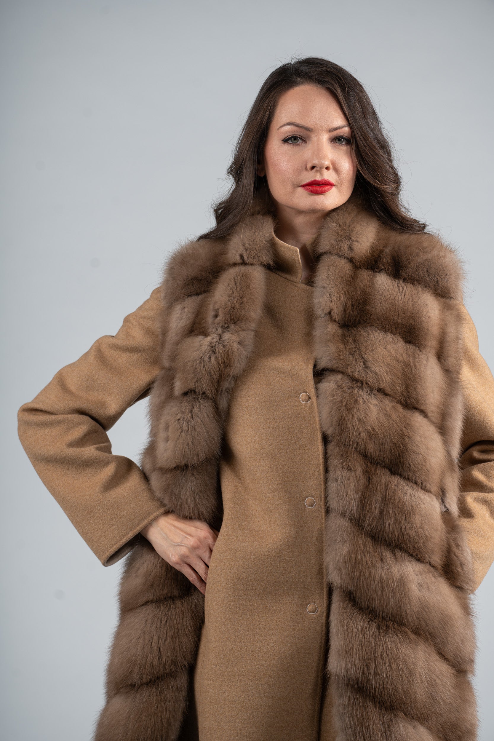 Beige Cashmere Half Coat & Vest with Baumarten Trim