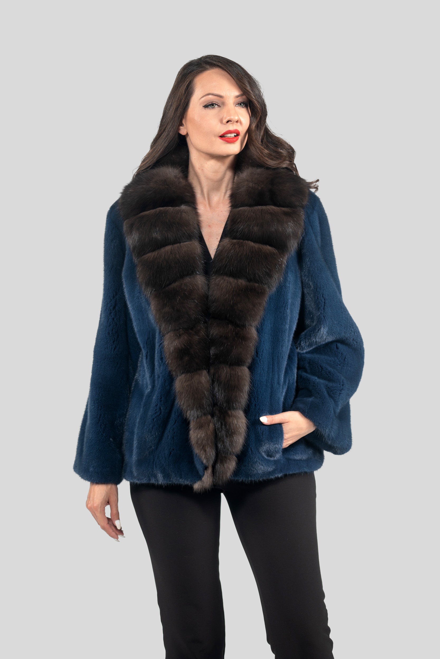 Blue Jean Mink Jacket with Extended Russian Sable Shawl Collar