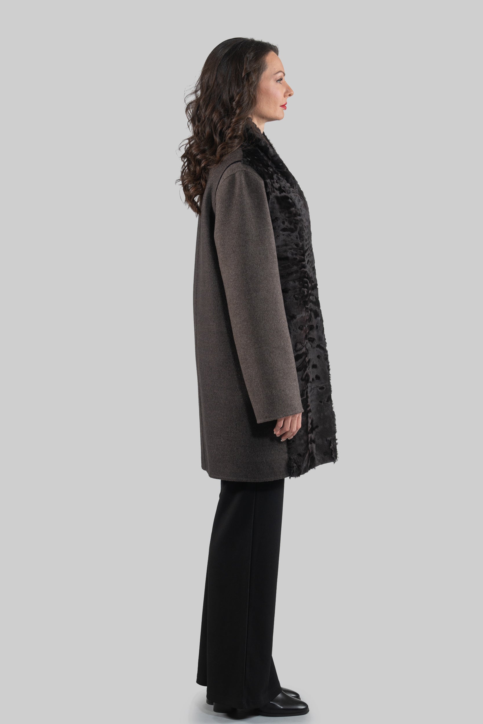 Grey Cashmere Half Coat & Vest with Swakara Fur Trim