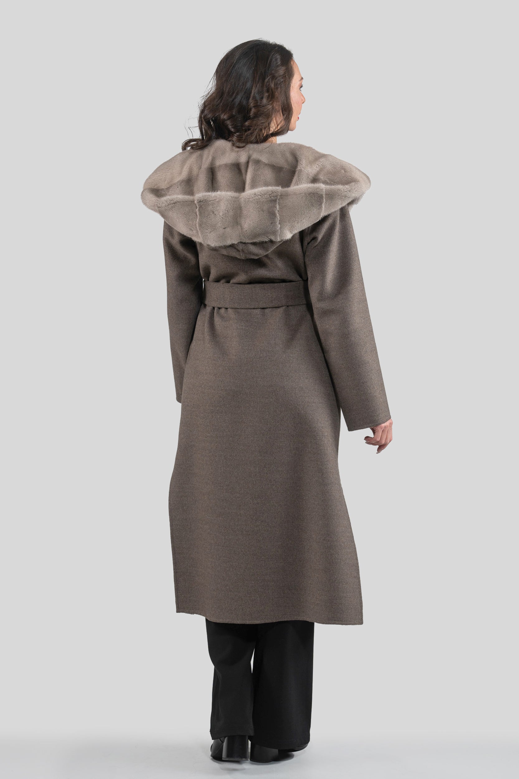 Grey Brown Cashmere Hooded Coat with Mink Trim