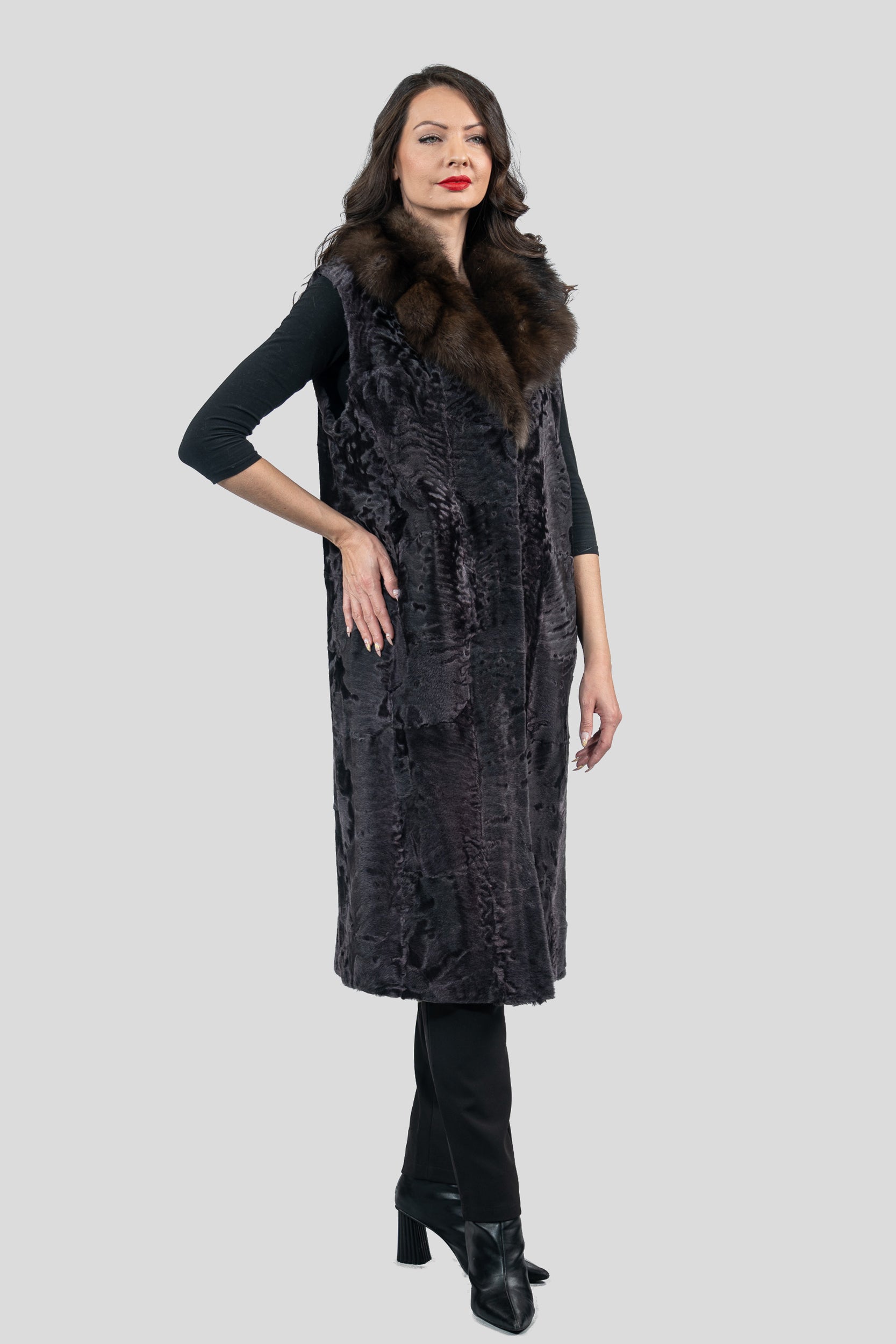 Gray Moon Swakara Vest with Russian Sable Notch Collar