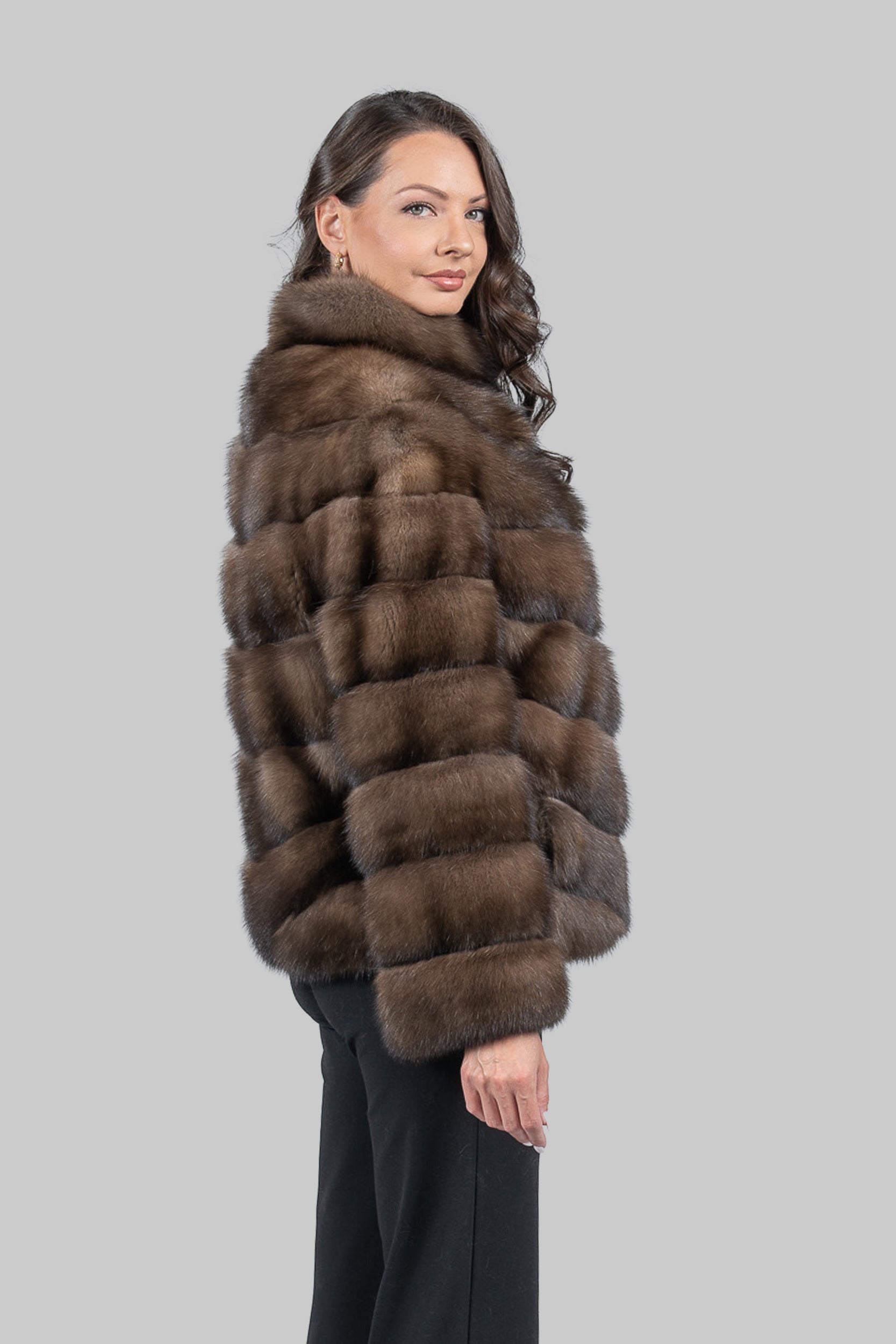 Graphite Russian Sable Chevron Jacket with Stand Collar