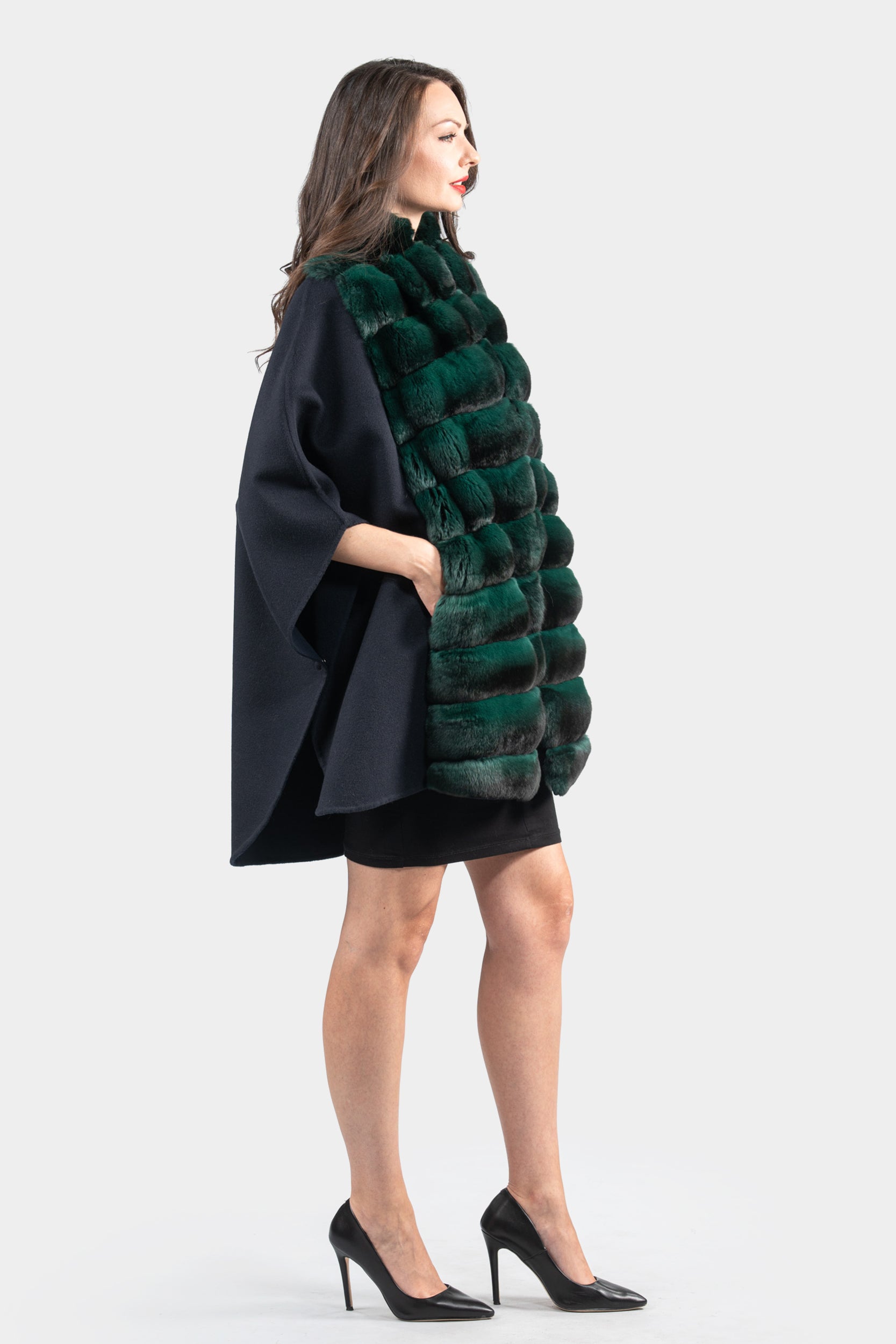Blue Black Cashmere Cape with Chinchilla Trim