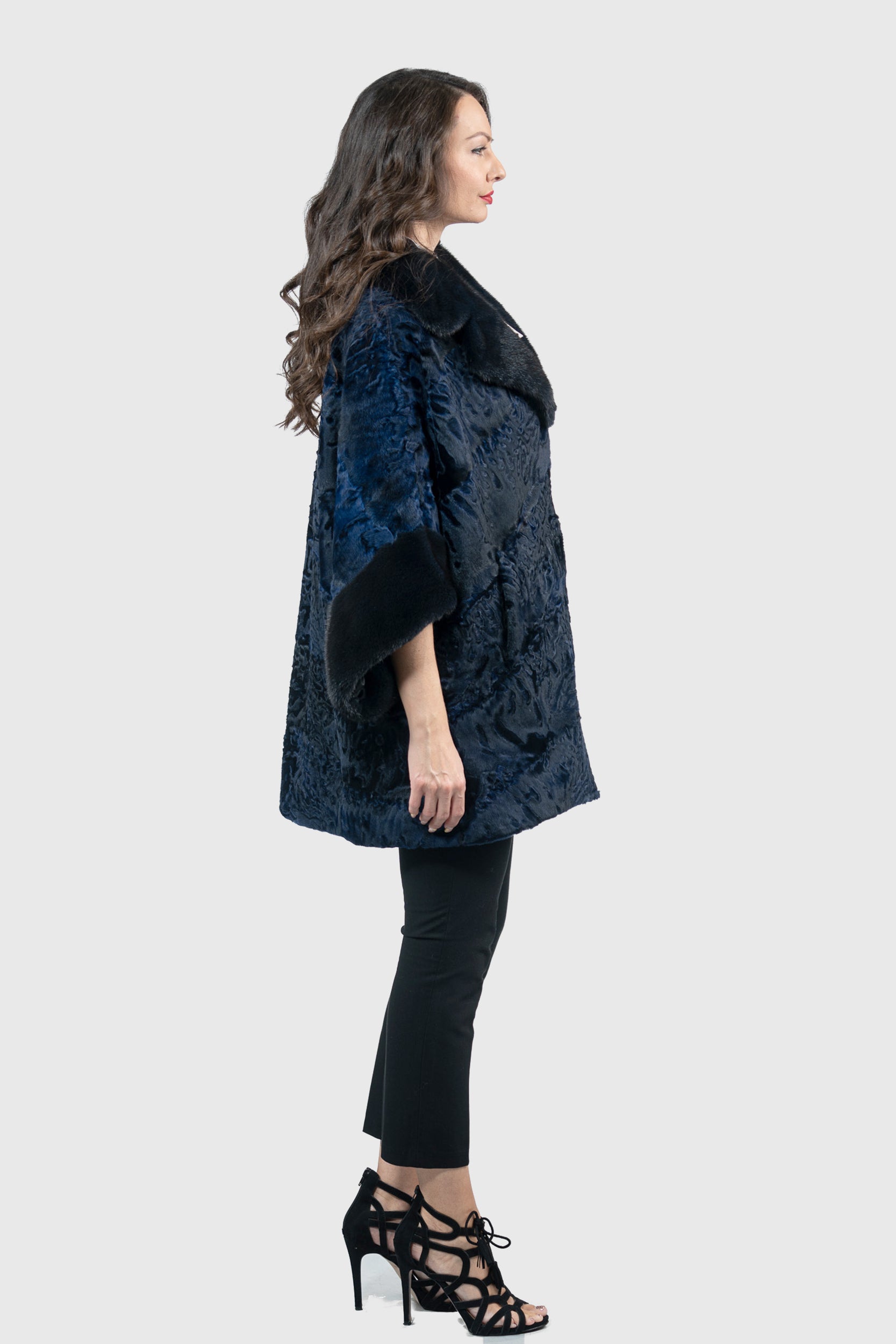 Blue Black Swakara Cape with Mink Notch Collar
