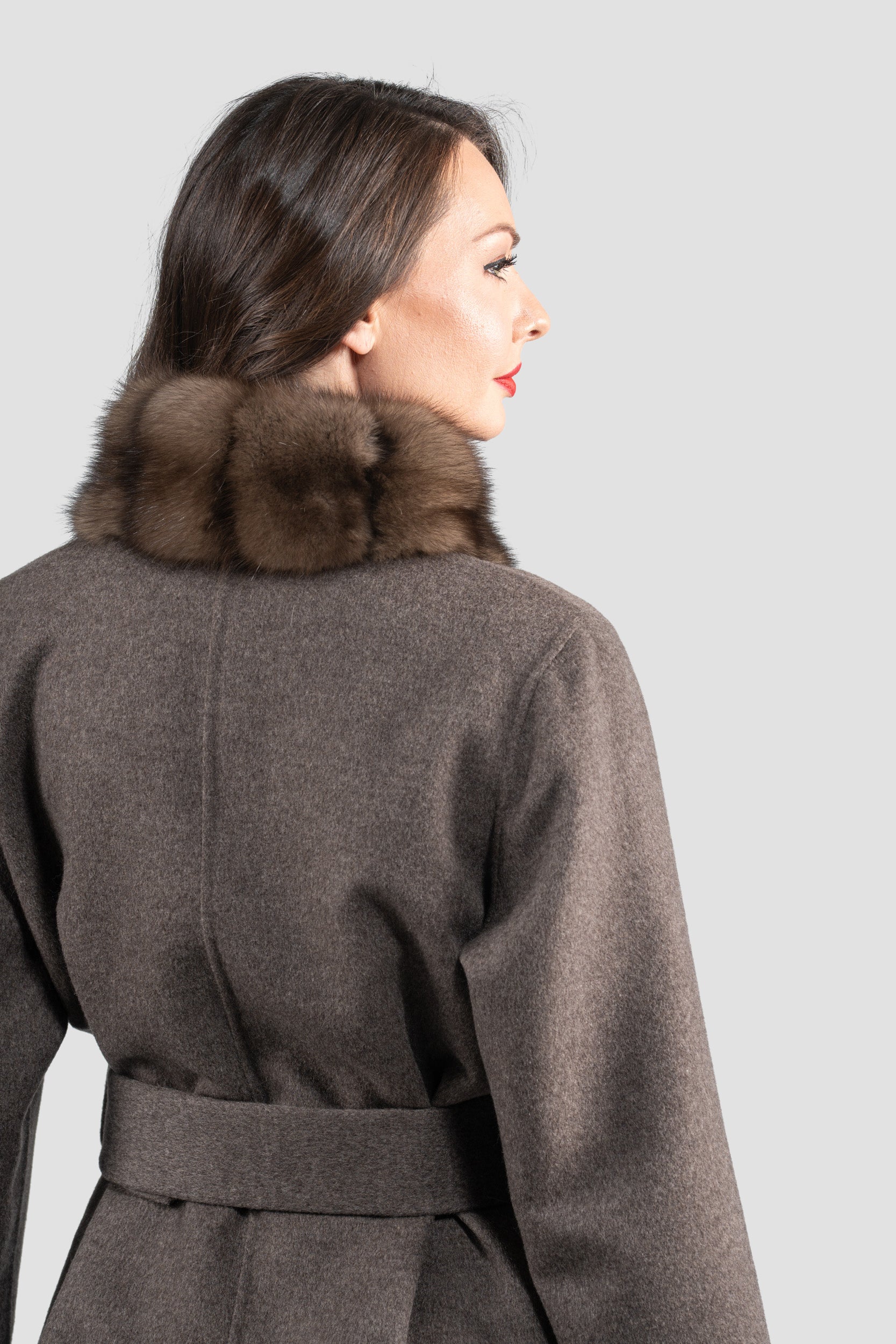 Brown Grey Cashmere Coat with Russian Sable Trim