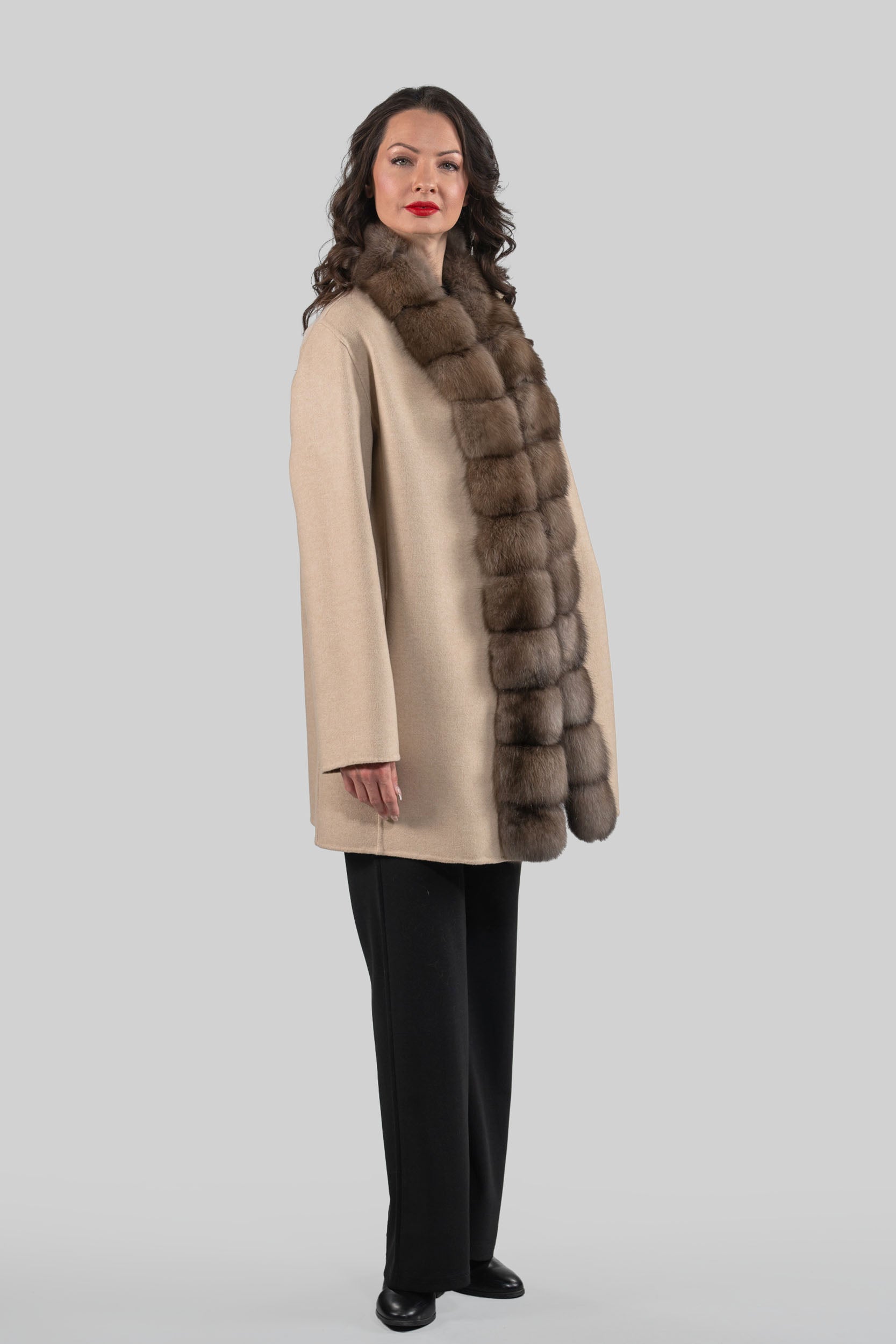 Ecru Cashmere Half Coat with Russian Sable Trim