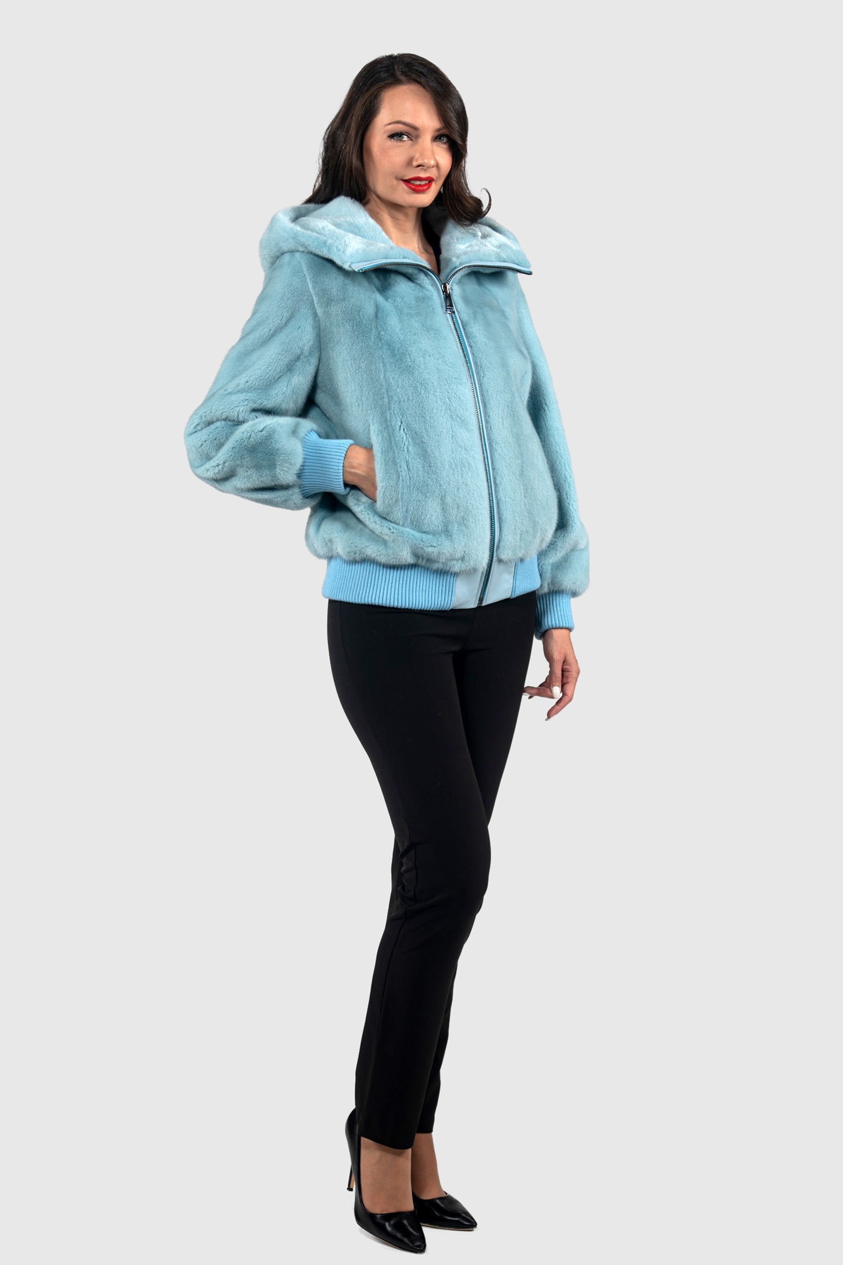 Mint Mink Bomber Jacket with Hood