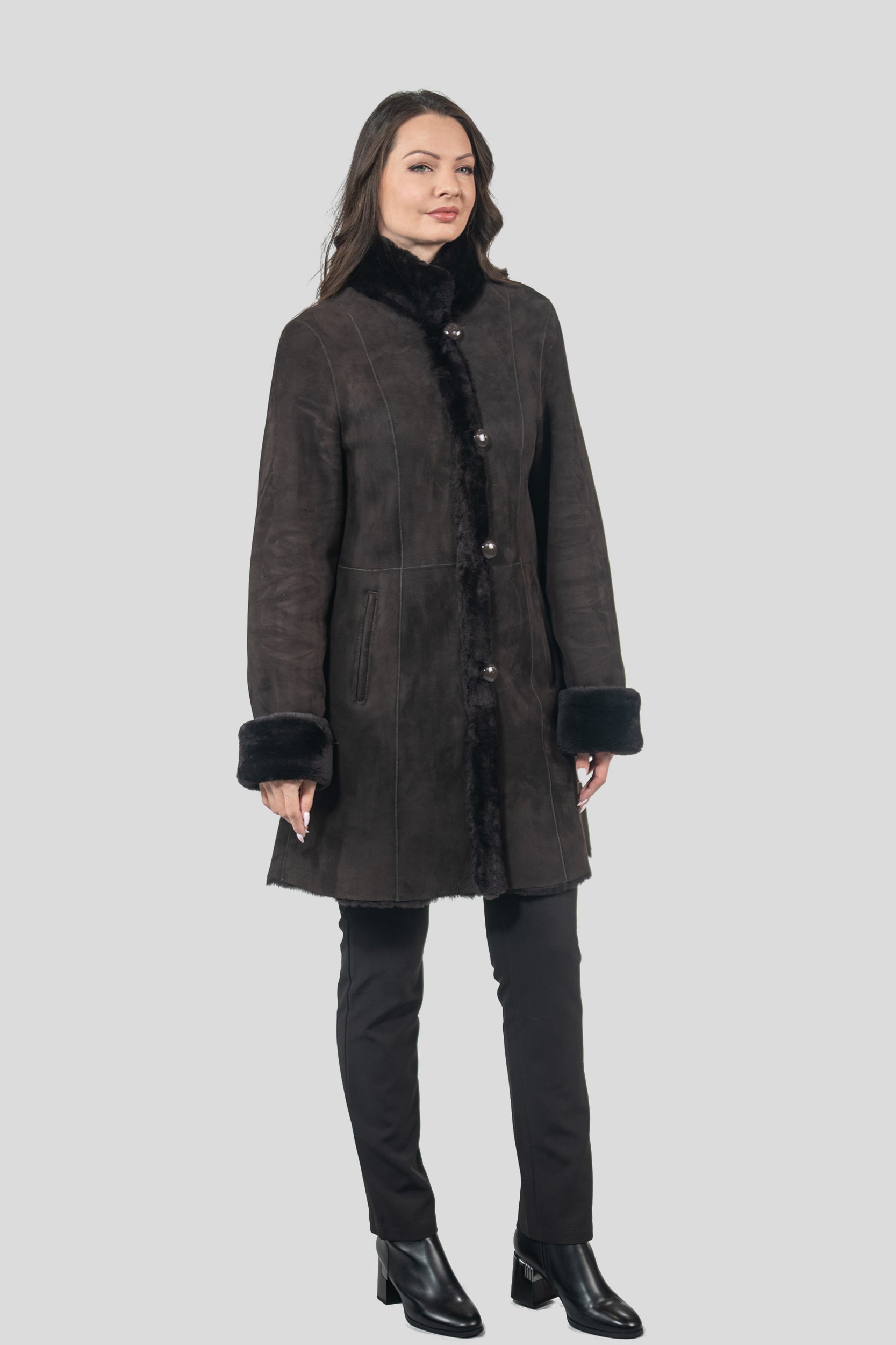 Brown Half Coat In Spanish Merino with Stand Collar