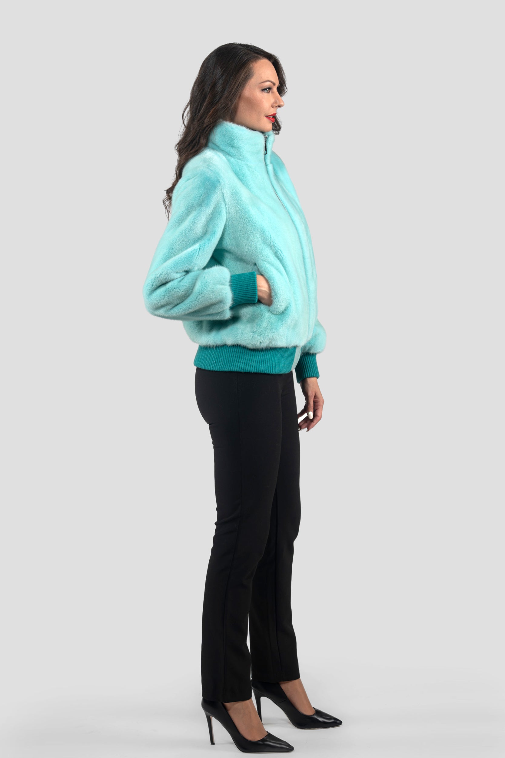 Mint Mink Bomber Jacket With stand Collar