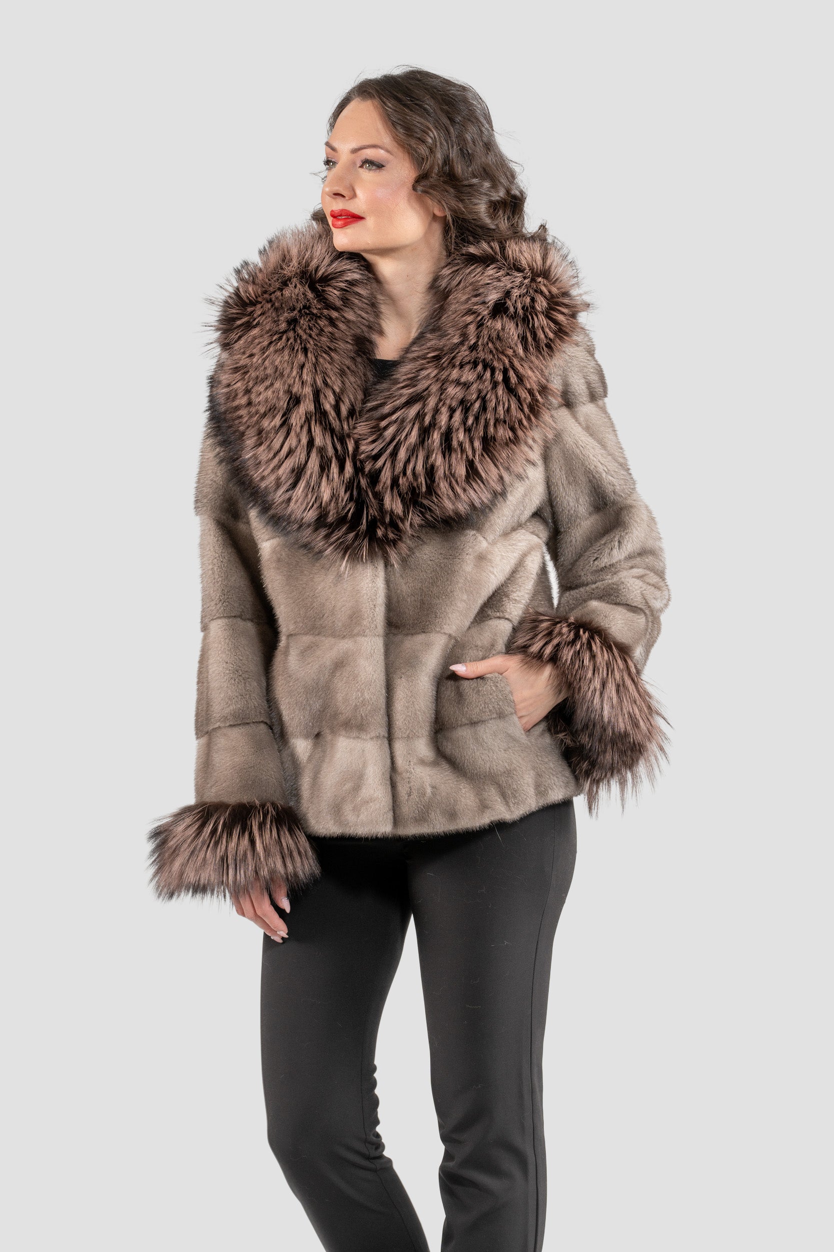Silver Blue Mink Fur Jacket with Fox Shawl Collar and Cuffs