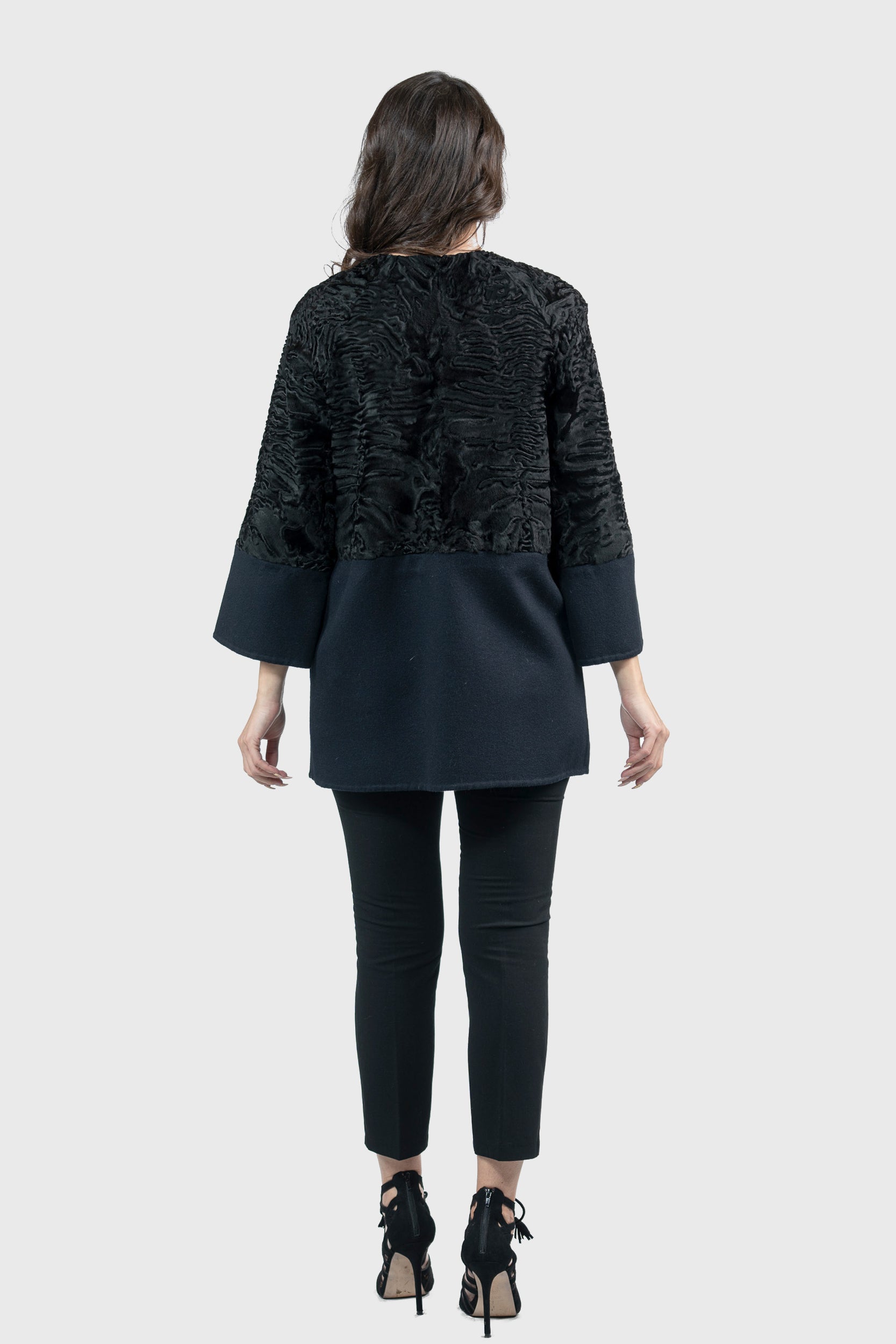 Blue Black Swakara Half Coat with Cashmere