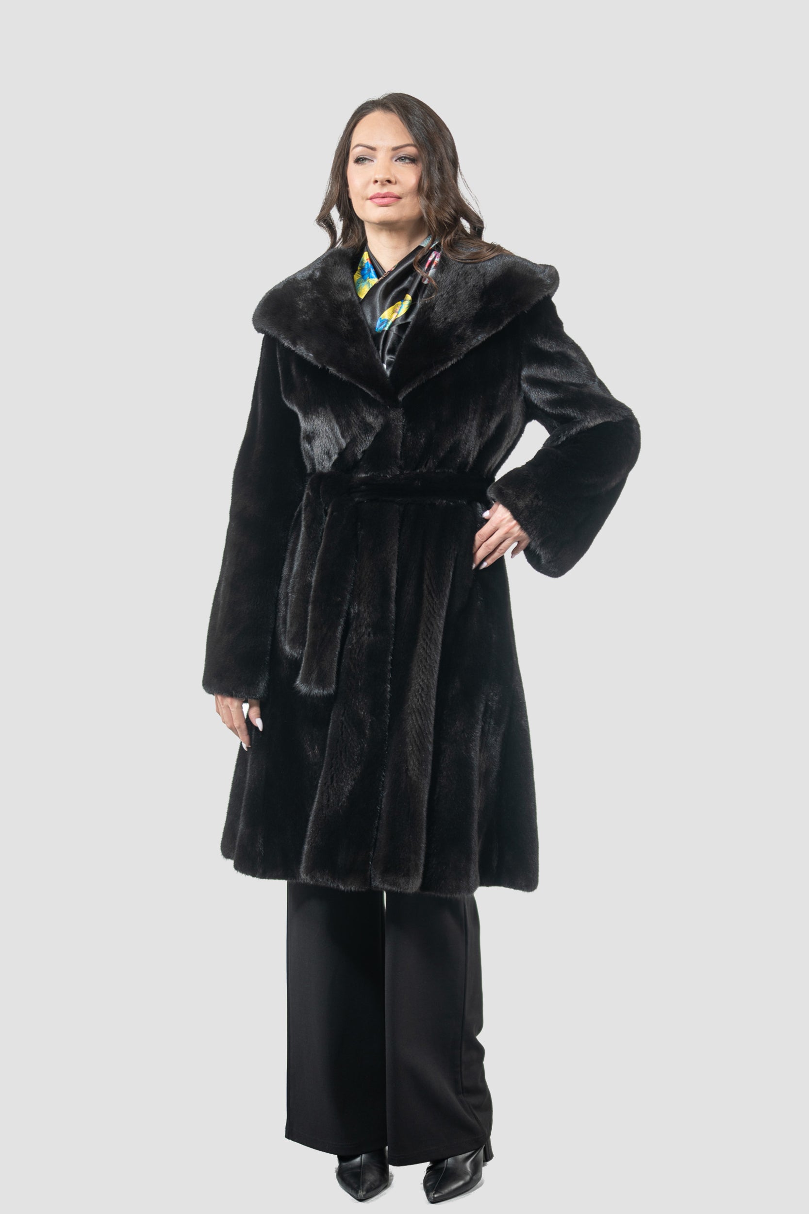 Blackgalama Mink Hooded Half Coat with Belt
