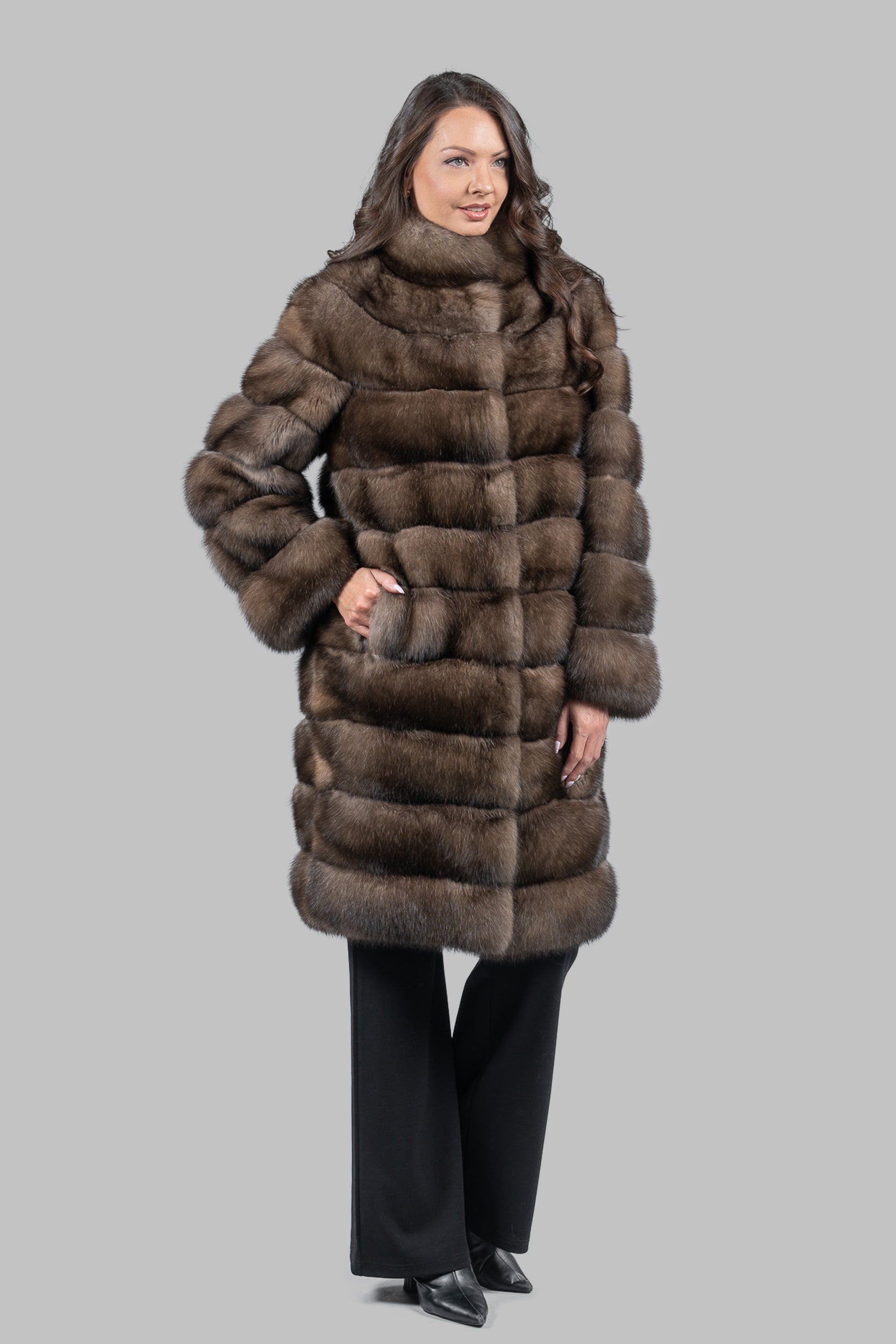 Platino Sable Long Coat with Stand Collar