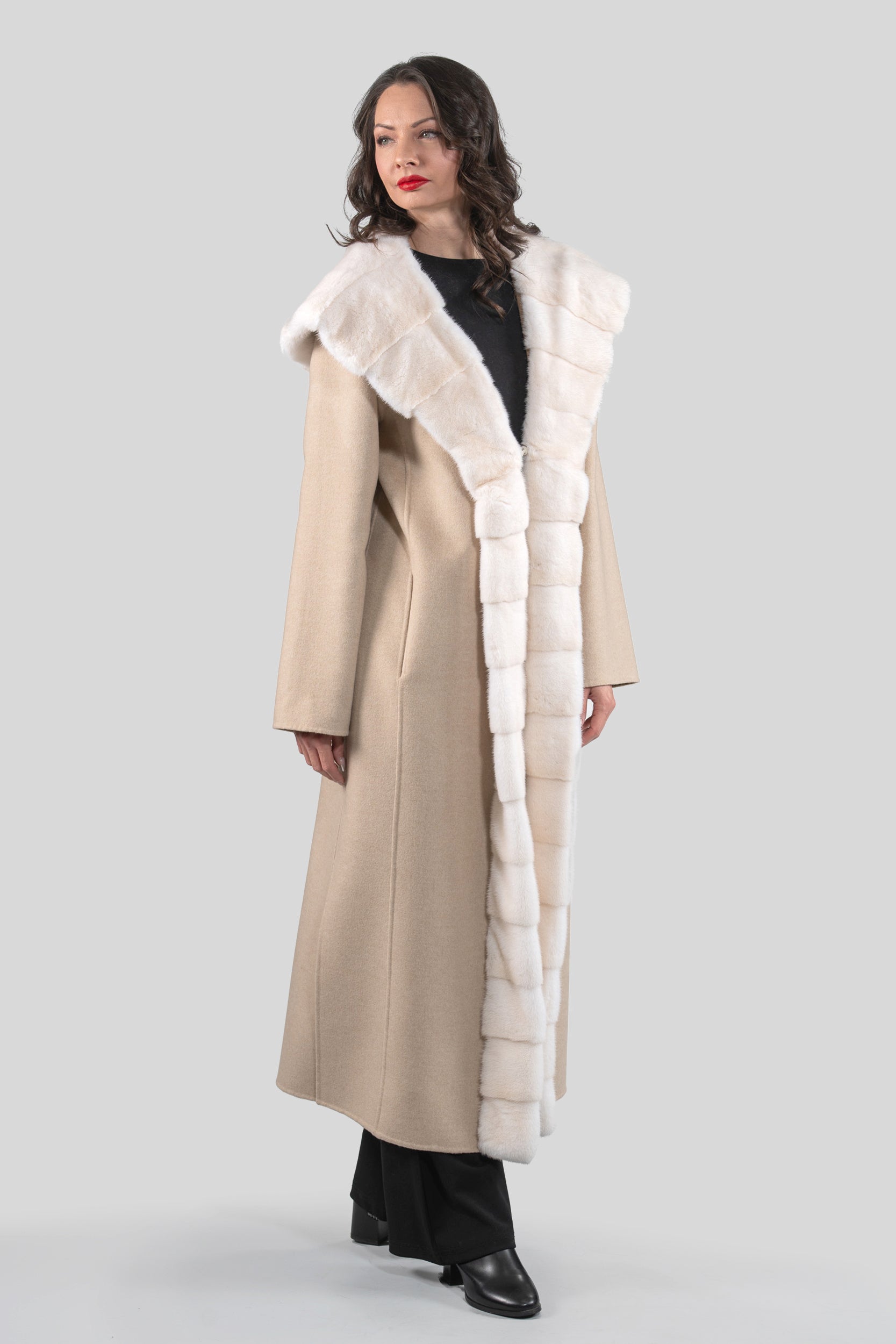 Ecru Beige Cashmere Hooded Coat with Mink Trim