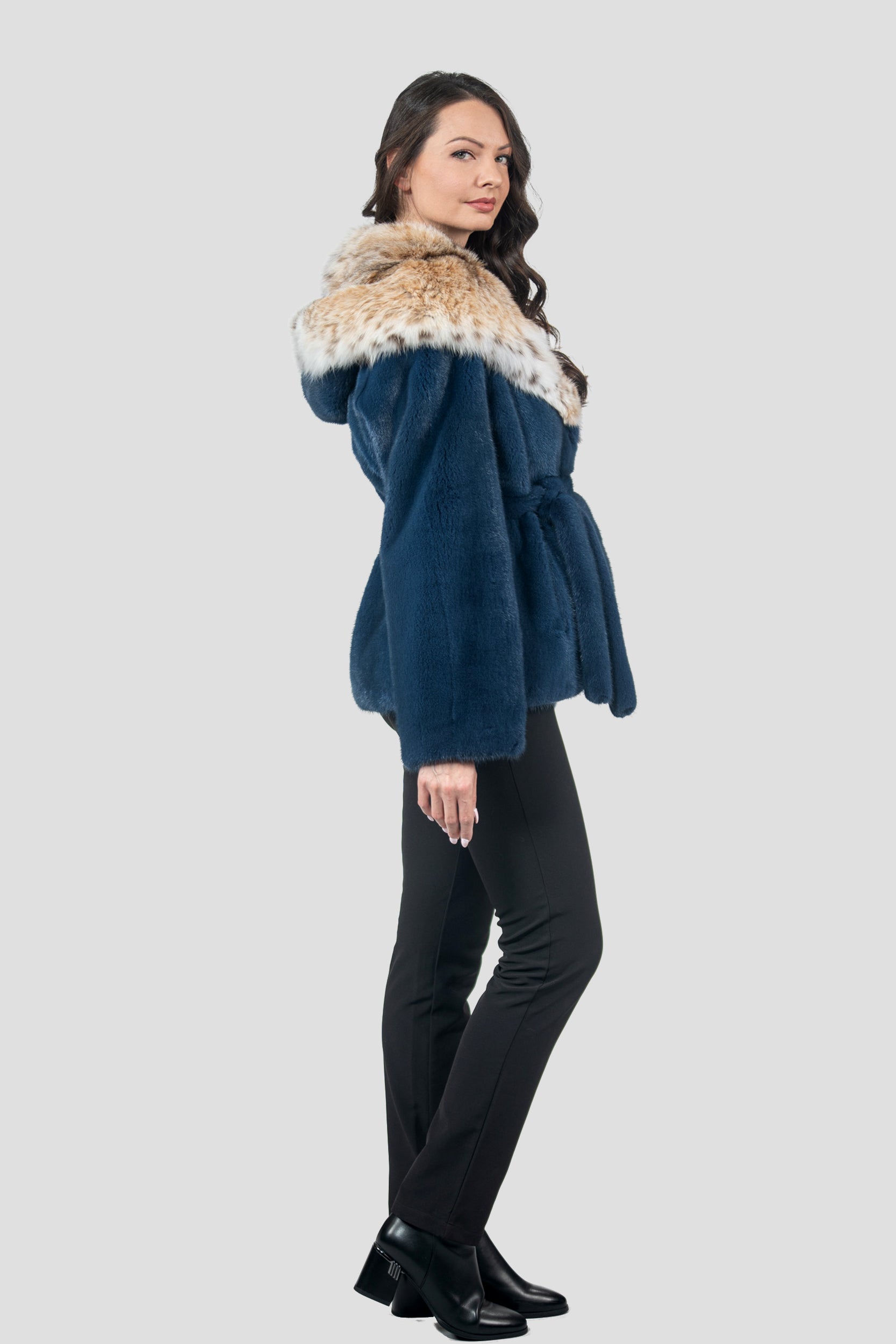Blue Jean Mink Half Coat with Bobcat Hood