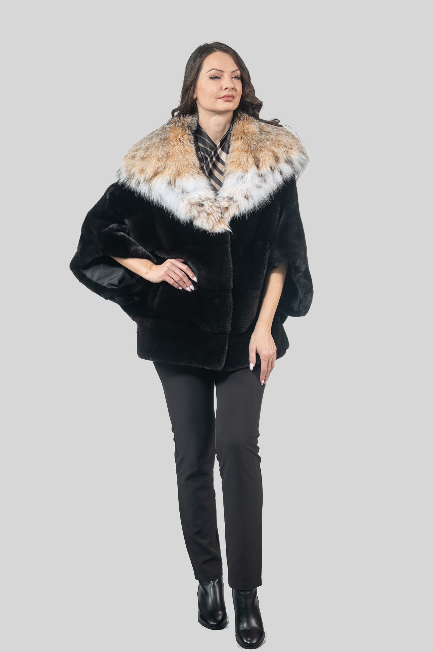 Blackglama Mink Hooded Cape with Bobcat Trim