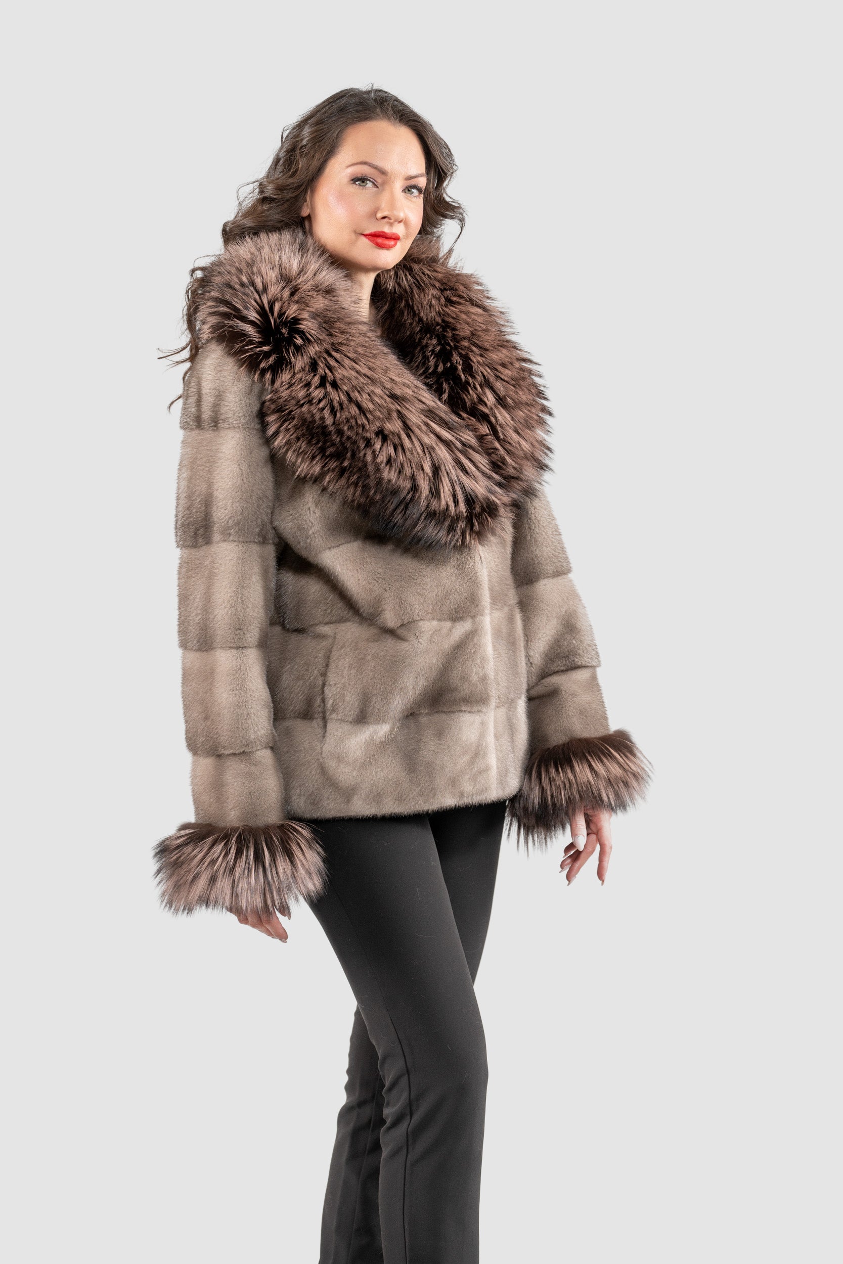 Silver Blue Mink Fur Jacket with Fox Shawl Collar and Cuffs