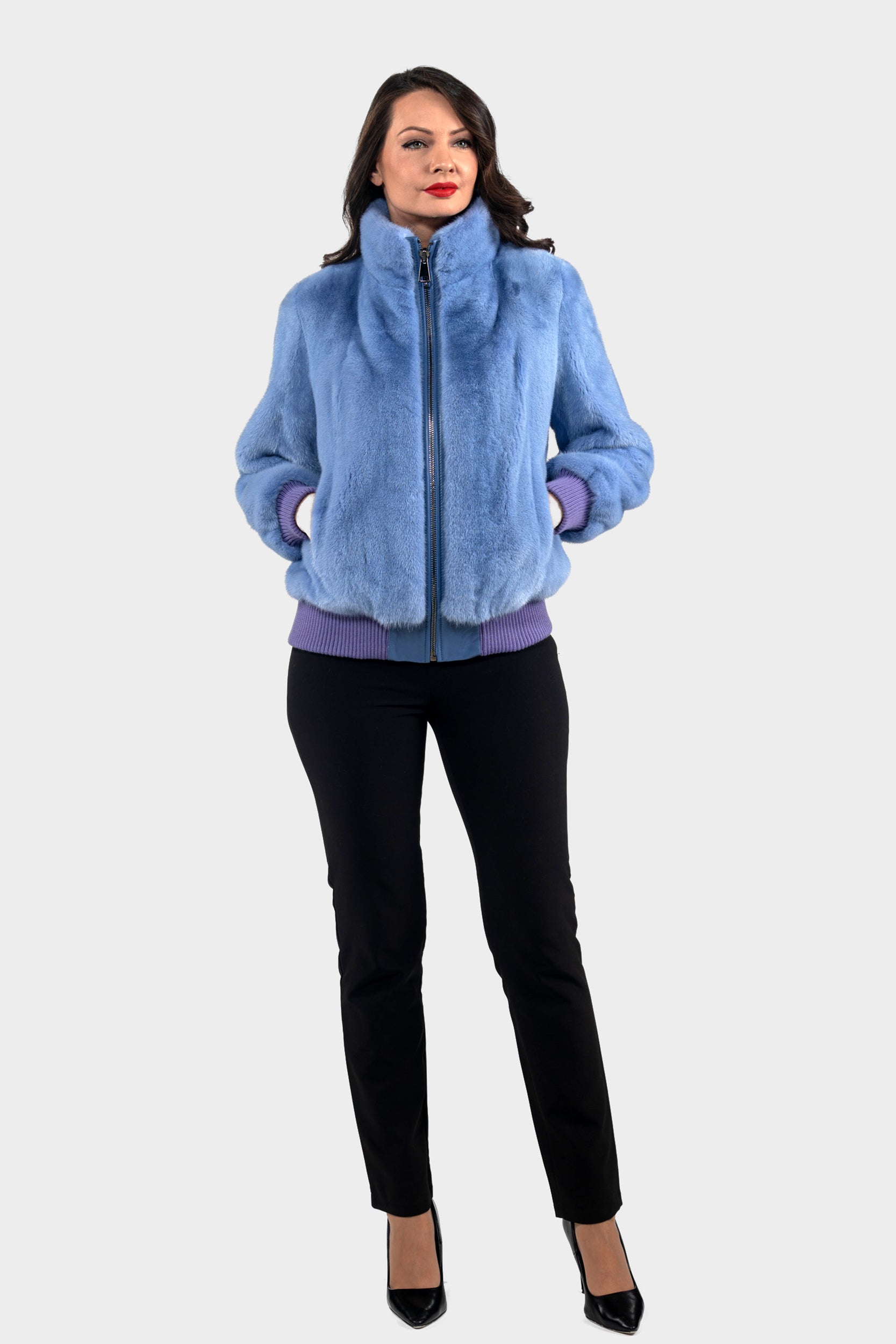 Aqua Marine Mink Bomber Jacket with Stand Collar