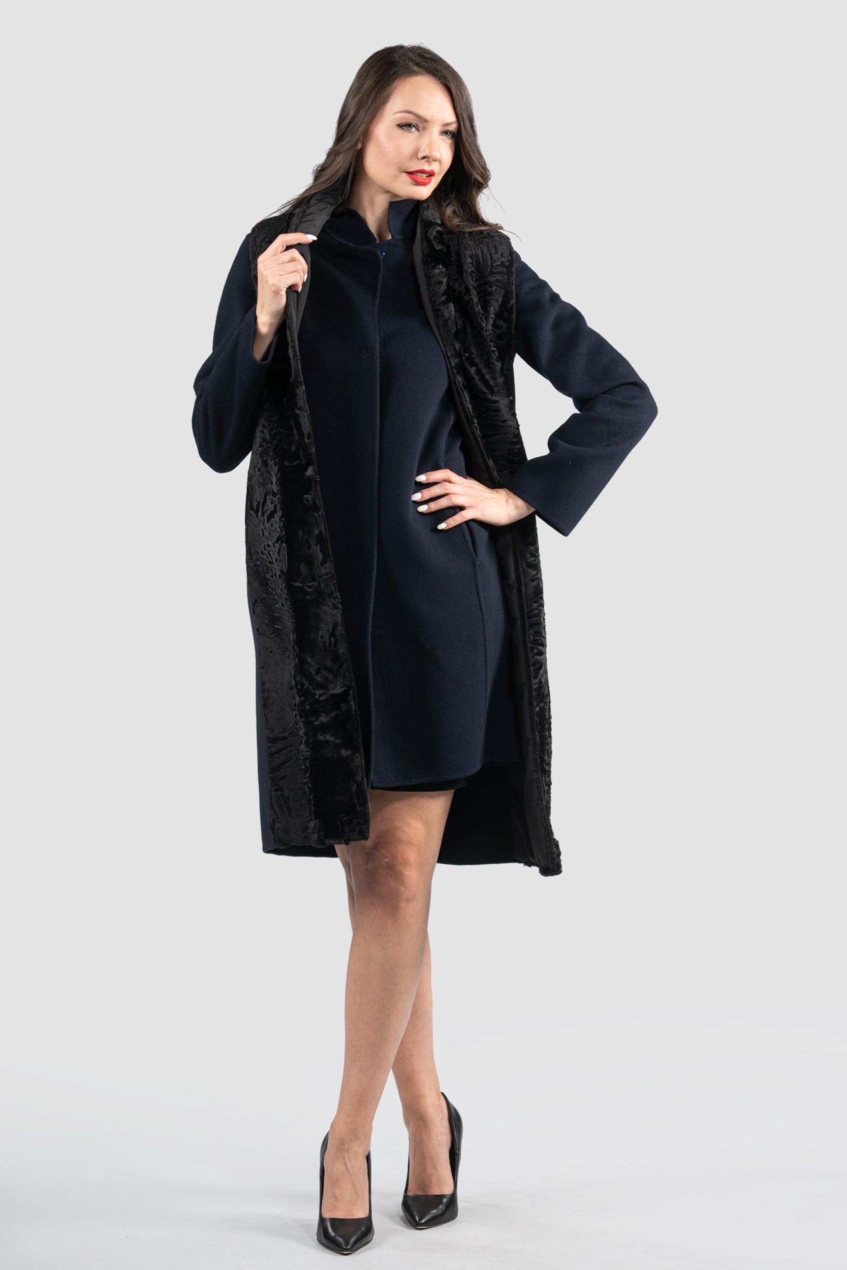 Women's Cashmere Half Coat & Vest with Swakara Trim