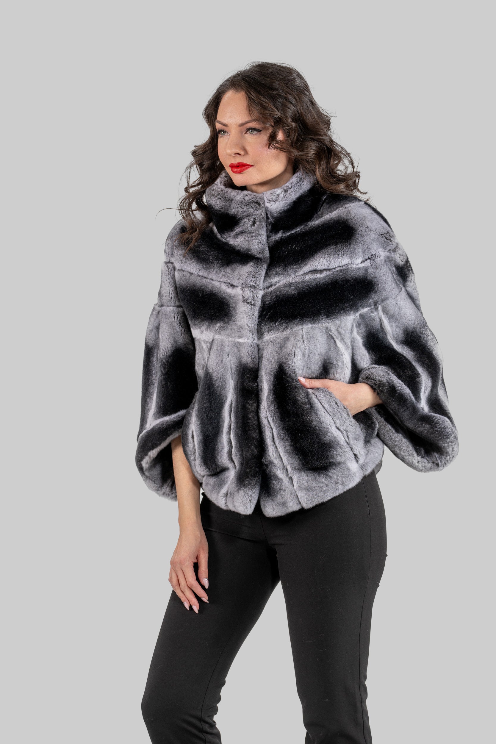 Natural Rex Rabbit Fur Cape with Stand Collar