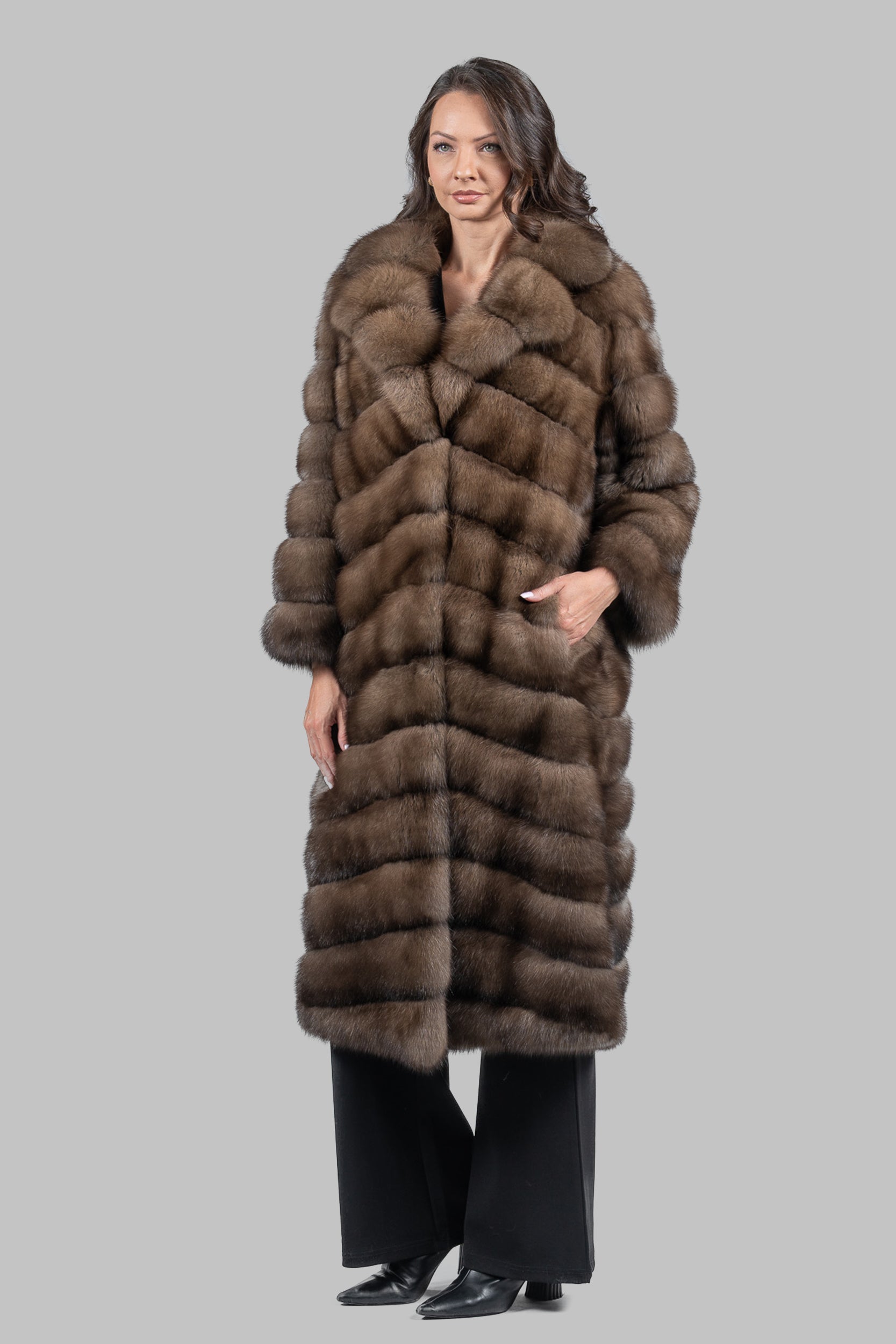 Graphite Russian Sable Full-Length Coat with Notch Collar