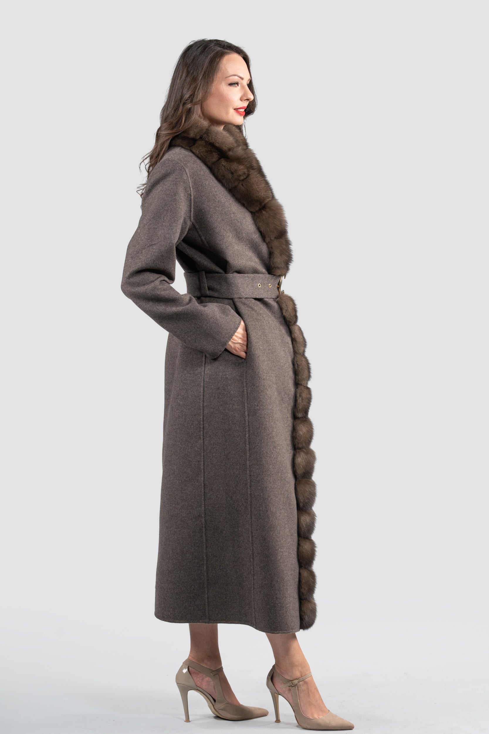 Brown Grey Cashmere Coat with Russian Sable Trim