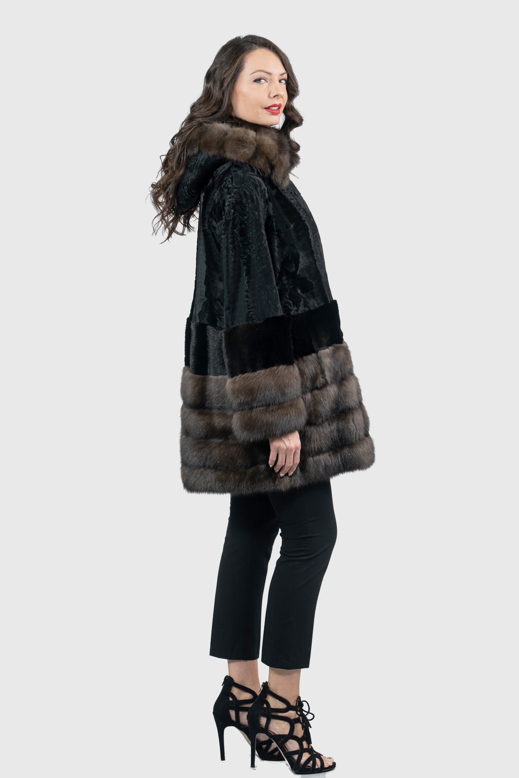 Black Swakara Hooded Half Coat with Mink and Russian Sable Trim
