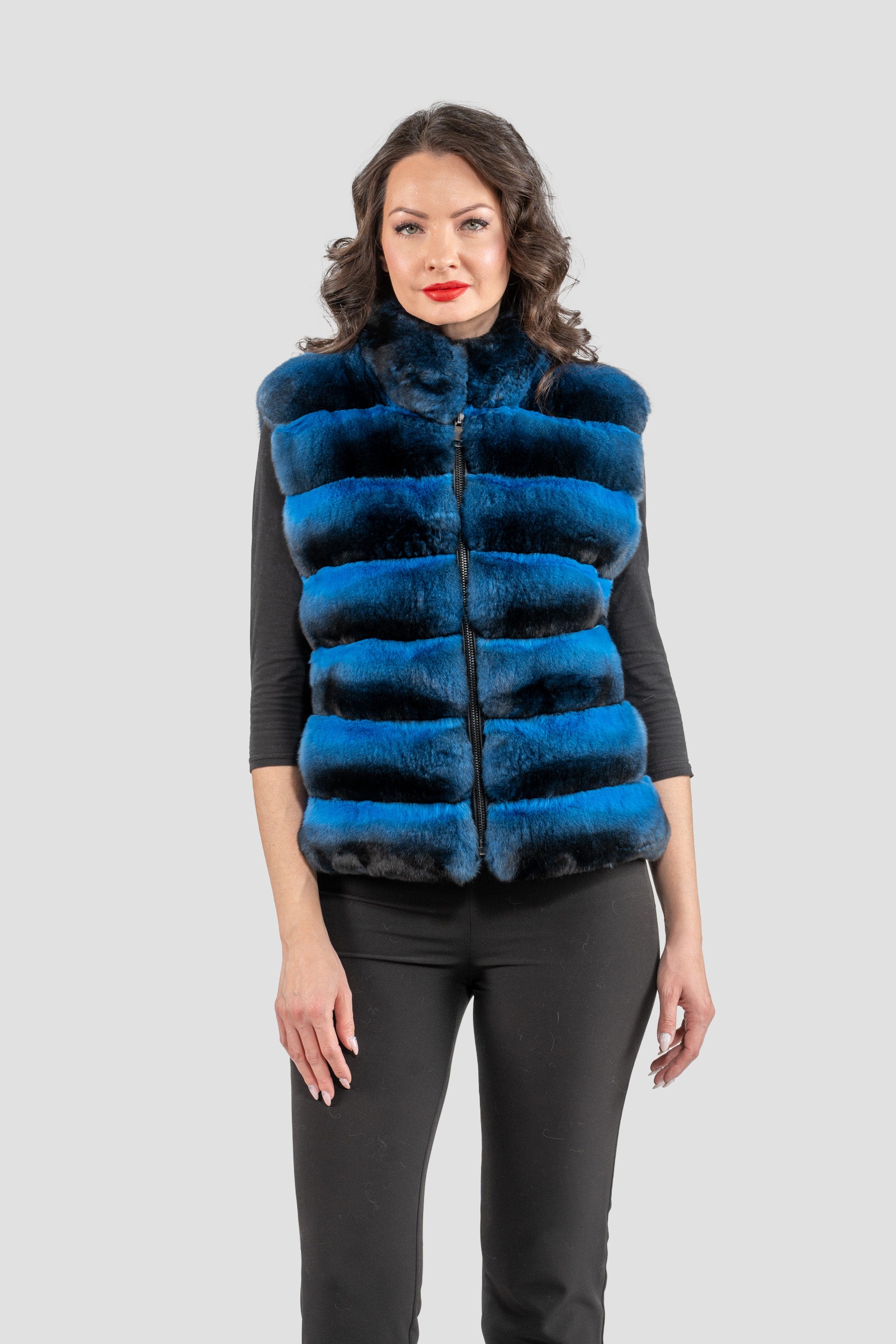 Bluejean Chinchilla Fur Vest with Stand Collar and Mink Trim