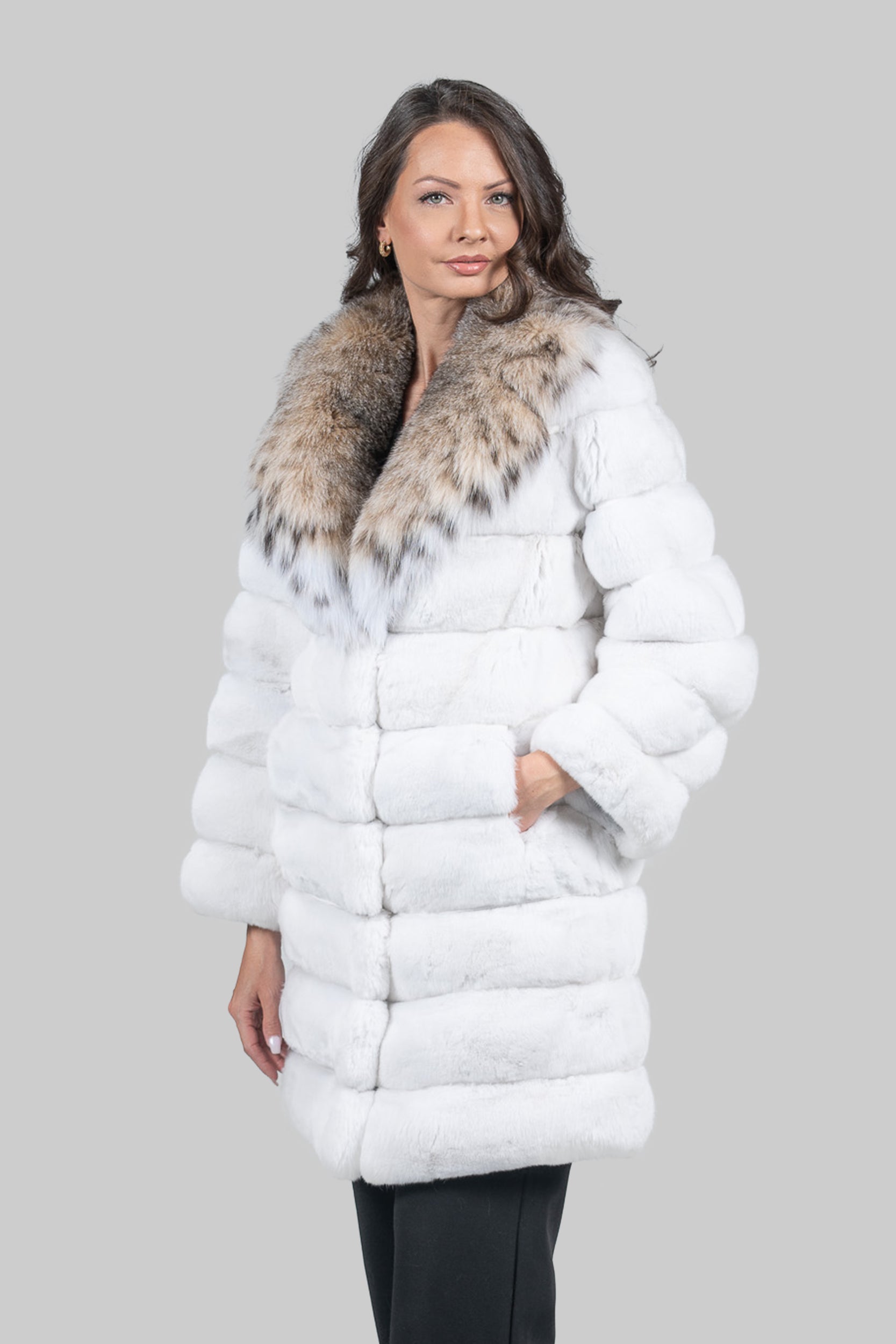 Pure White Chinchilla Half Coat with Bobcat Fur Collar