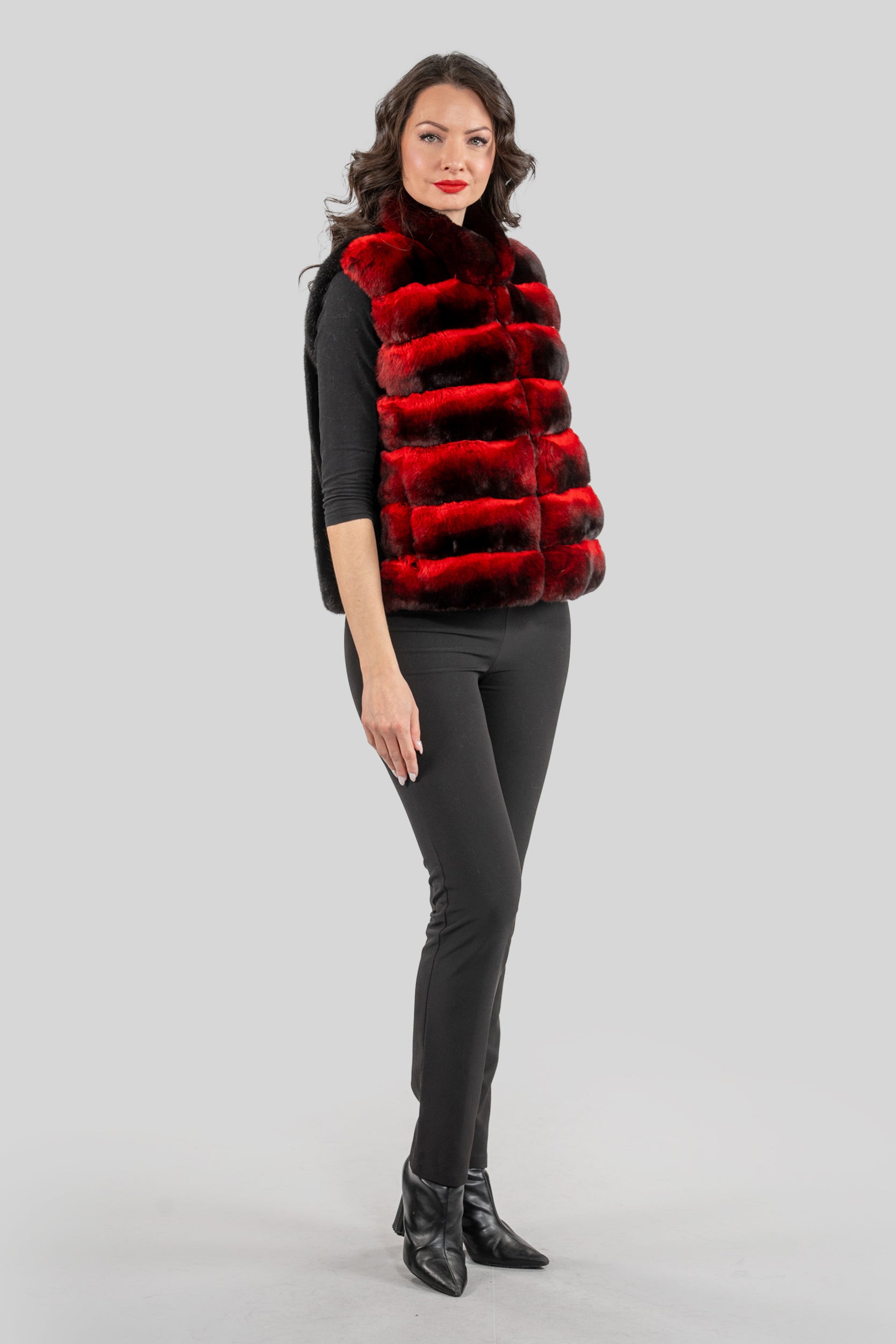 Red Chinchilla Vest with Stand Collar and Mink Trim